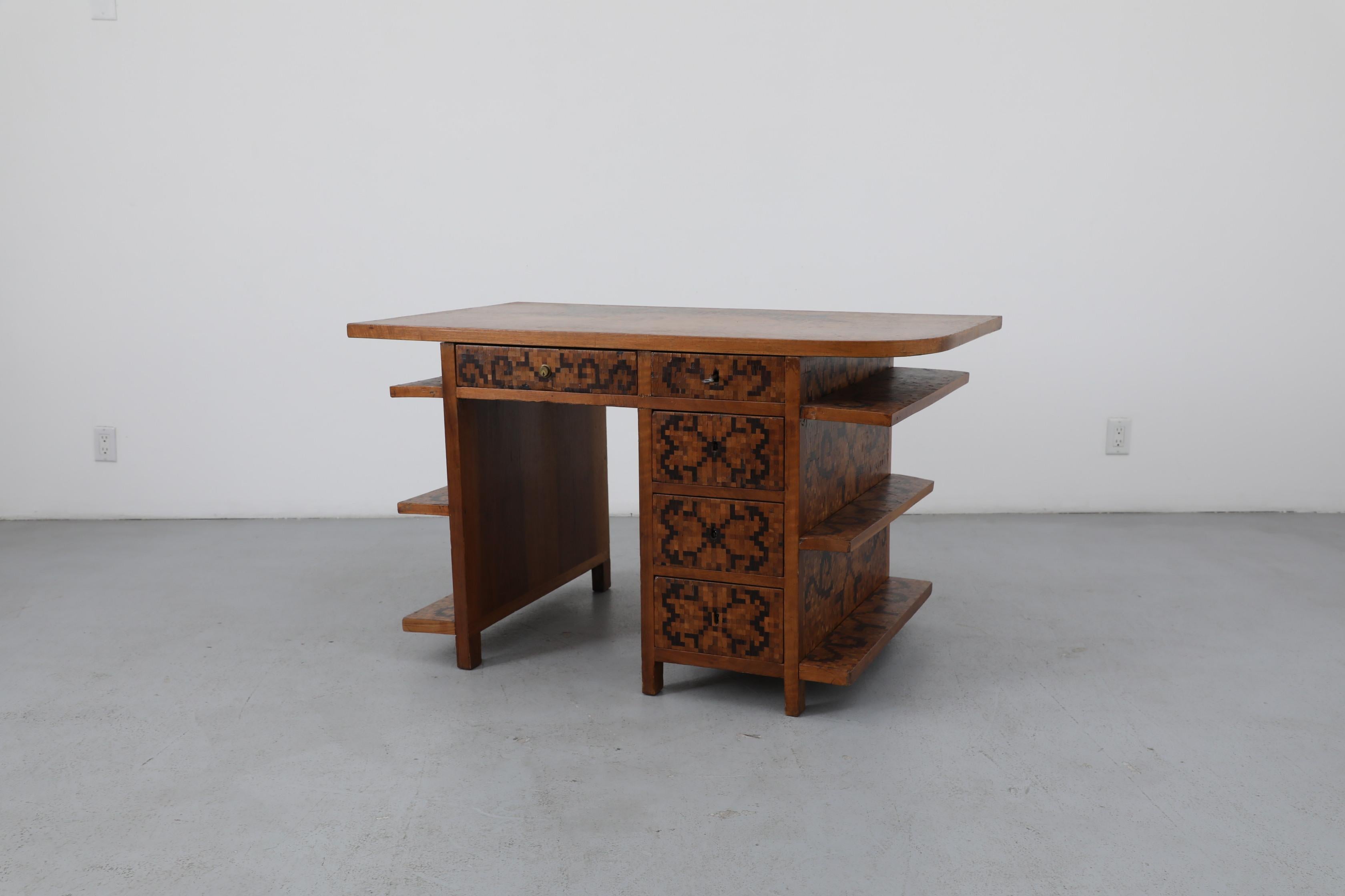 Mid-Century Modern 1950s Italian Mid-Century Marquetry Desk with Ship Motif & Built-in Shelves For Sale