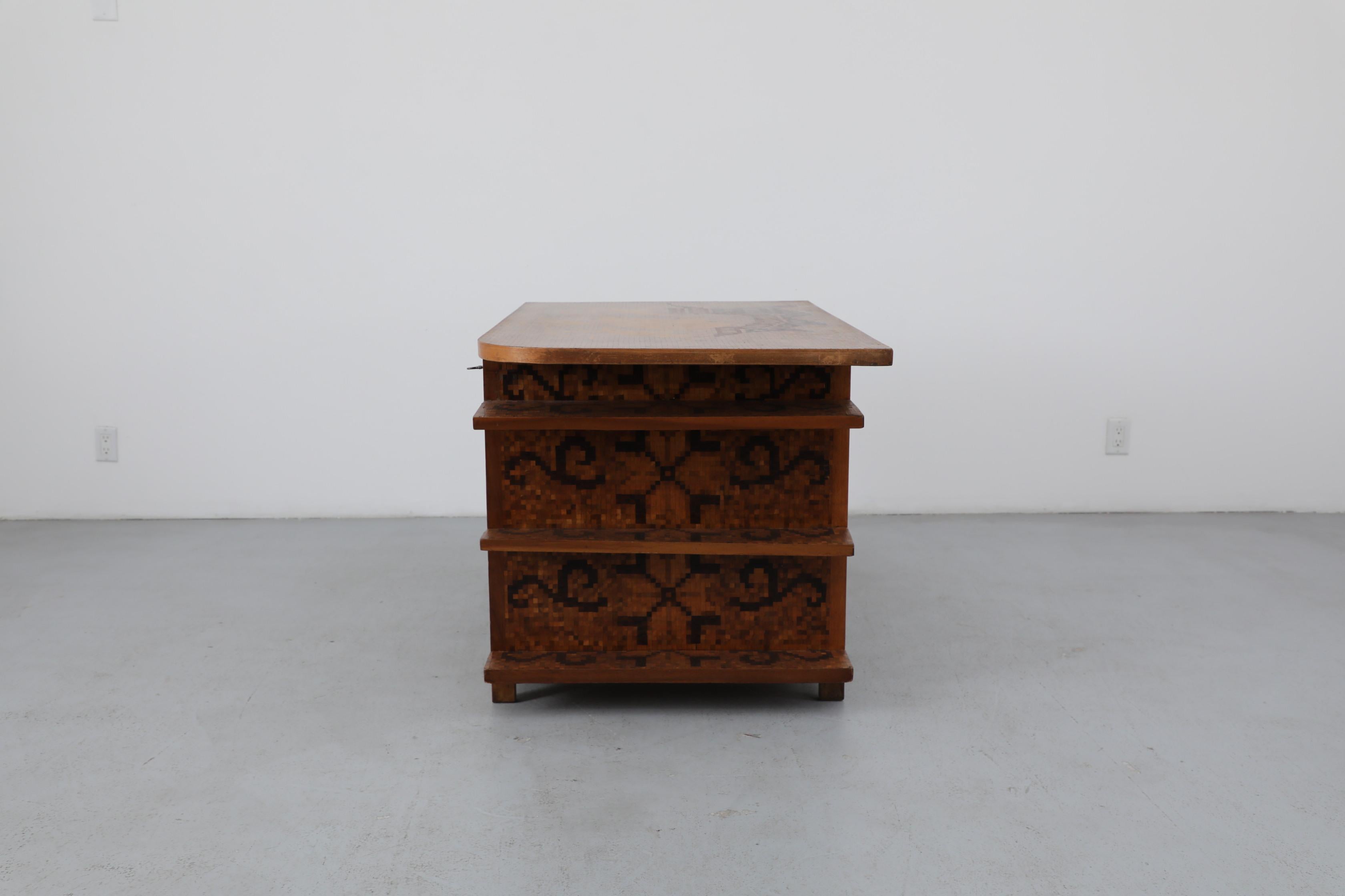 Carved 1950s Italian Mid-Century Marquetry Desk with Ship Motif & Built-in Shelves For Sale
