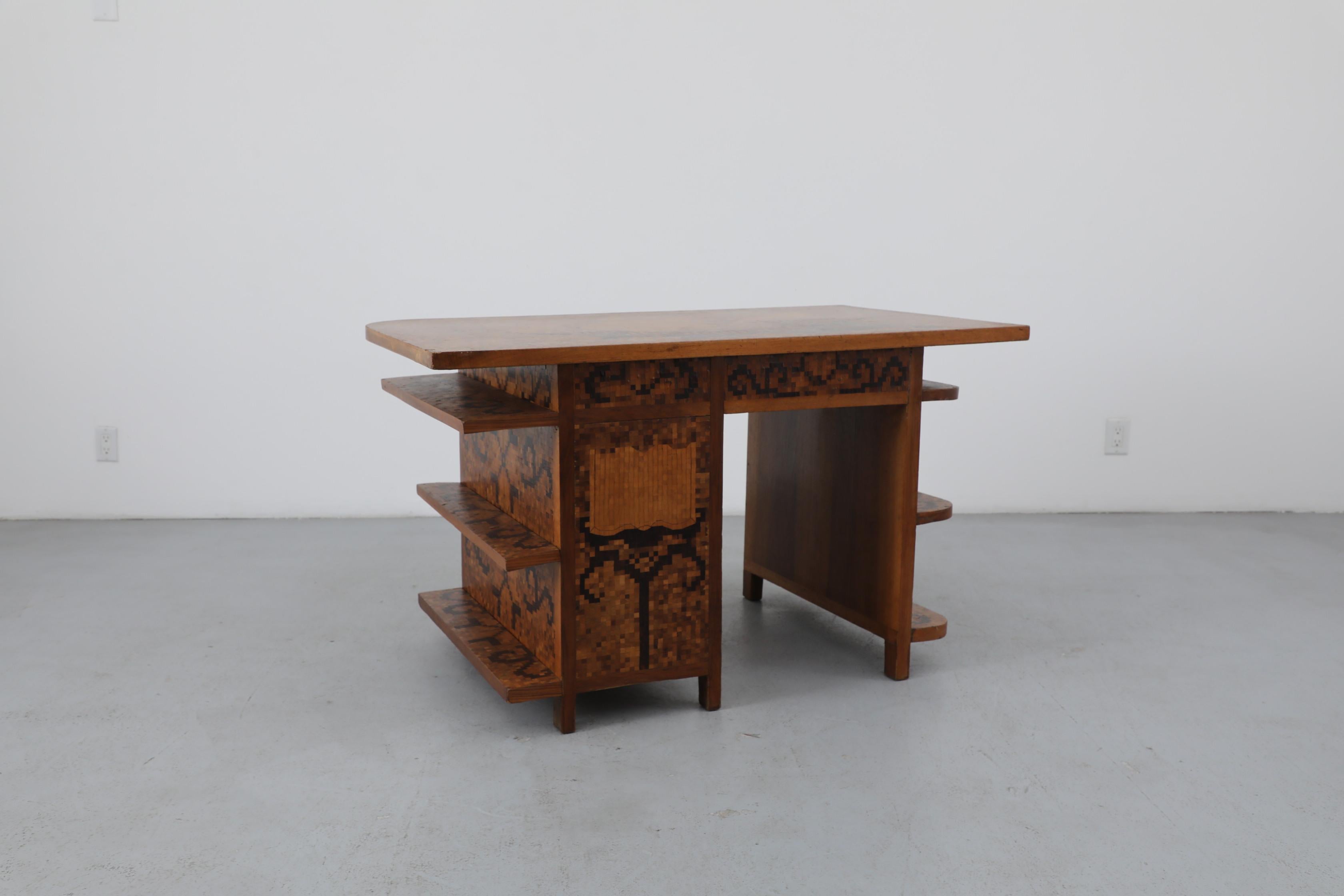 1950s Italian Mid-Century Marquetry Desk with Ship Motif & Built-in Shelves In Good Condition For Sale In Los Angeles, CA