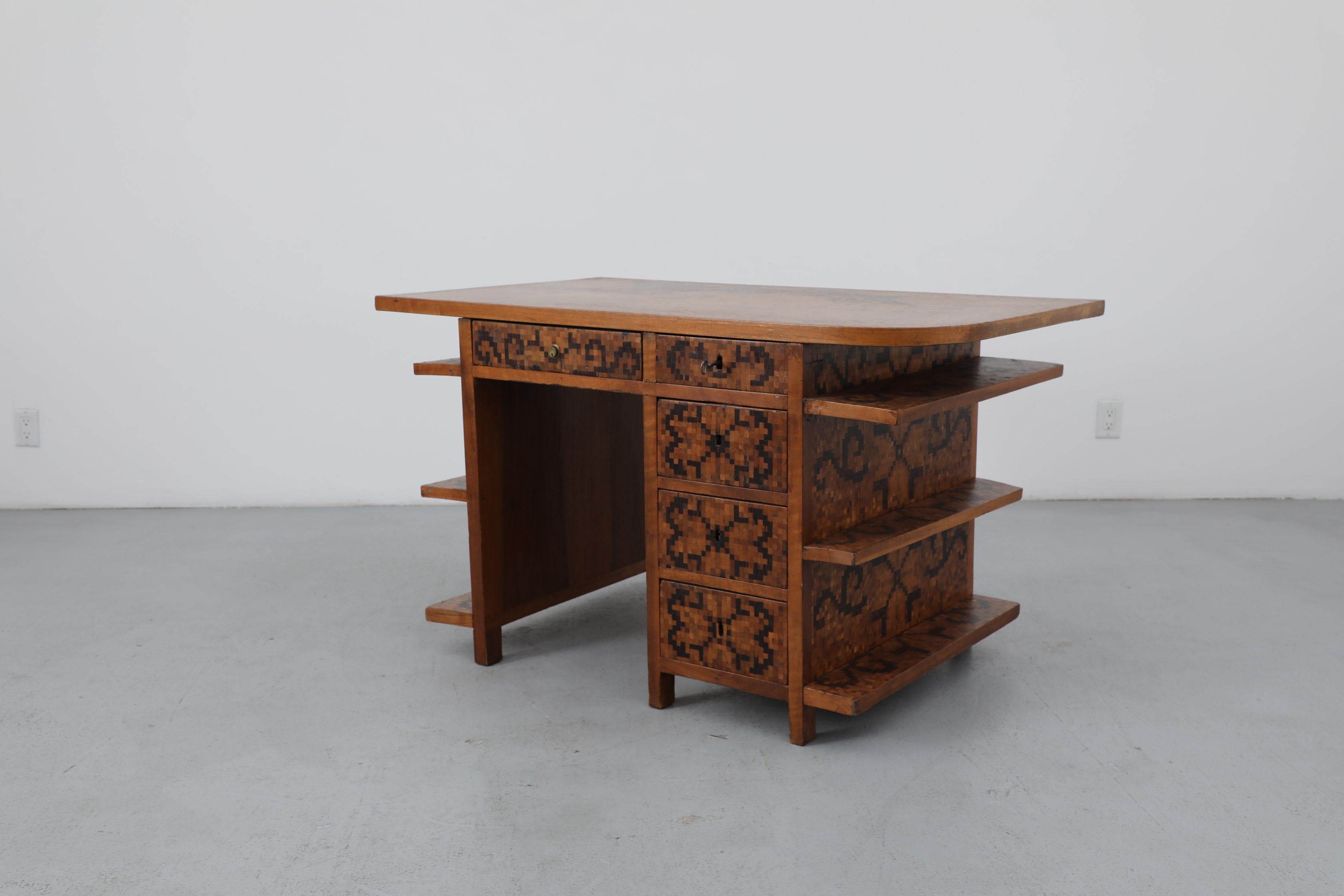 Mid-20th Century 1950s Italian Mid-Century Marquetry Desk with Ship Motif & Built-in Shelves For Sale