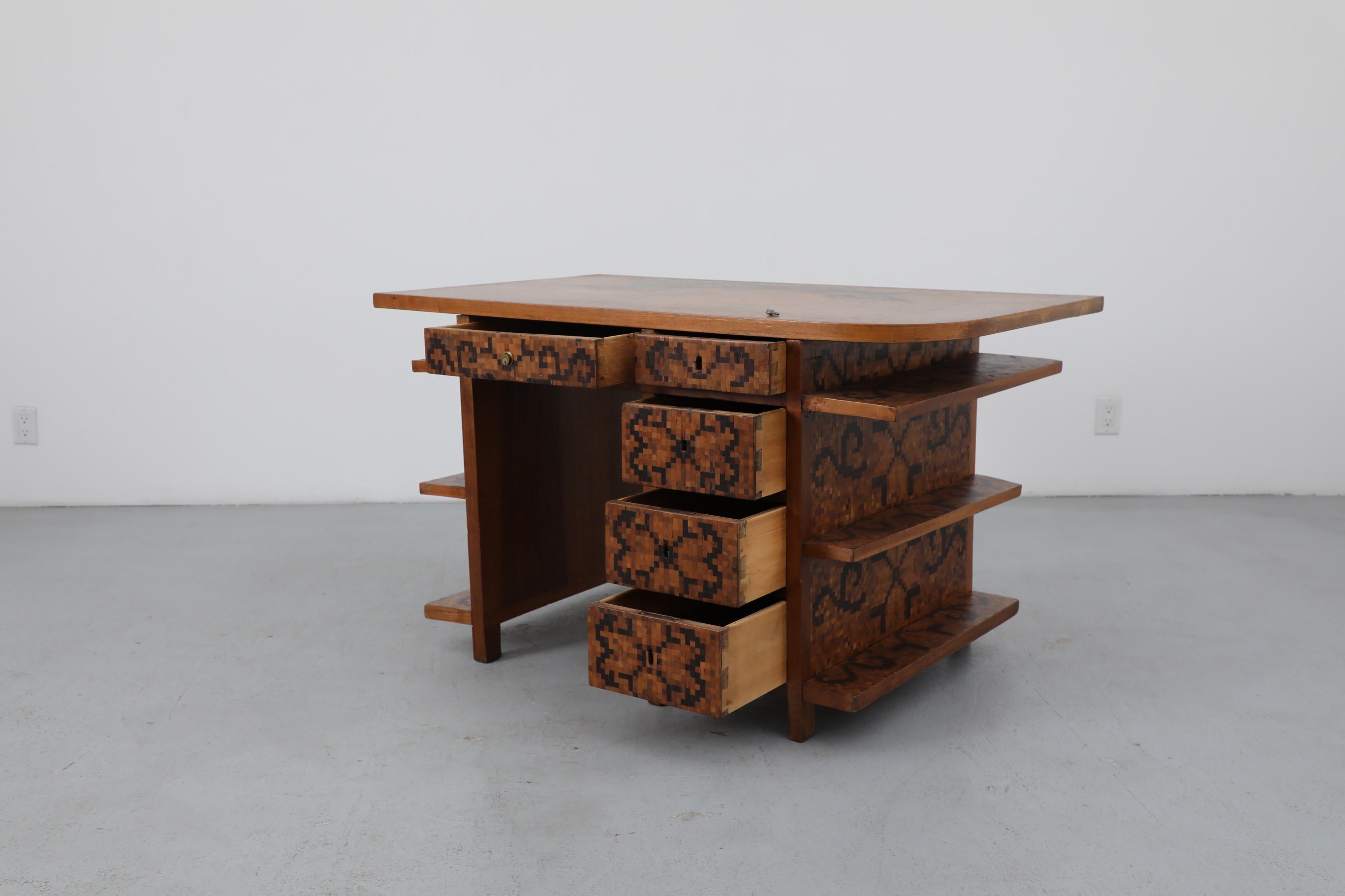 Wood 1950s Italian Mid-Century Marquetry Desk with Ship Motif & Built-in Shelves For Sale