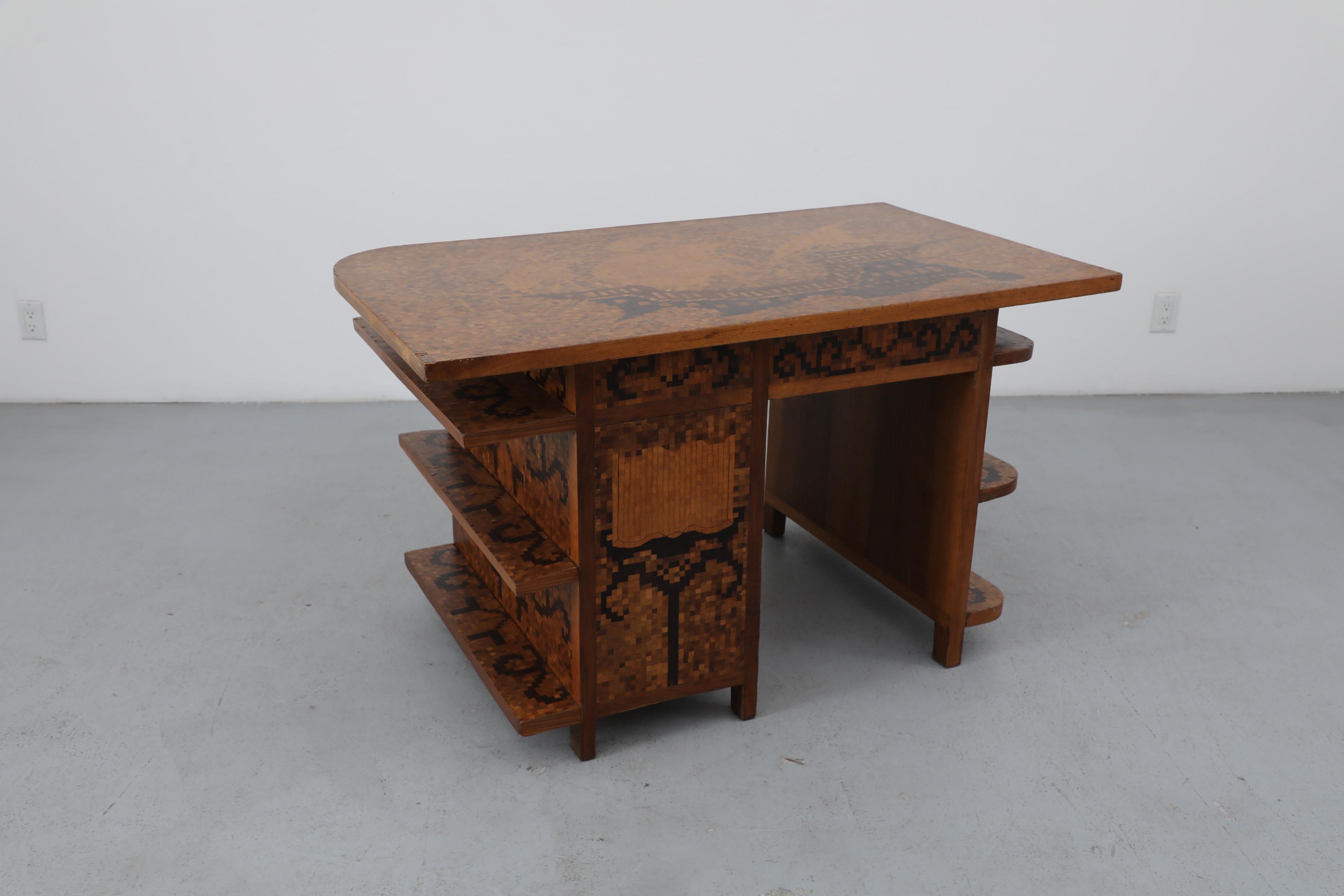 1950s Italian Mid-Century Marquetry Desk with Ship Motif & Built-in Shelves For Sale 1