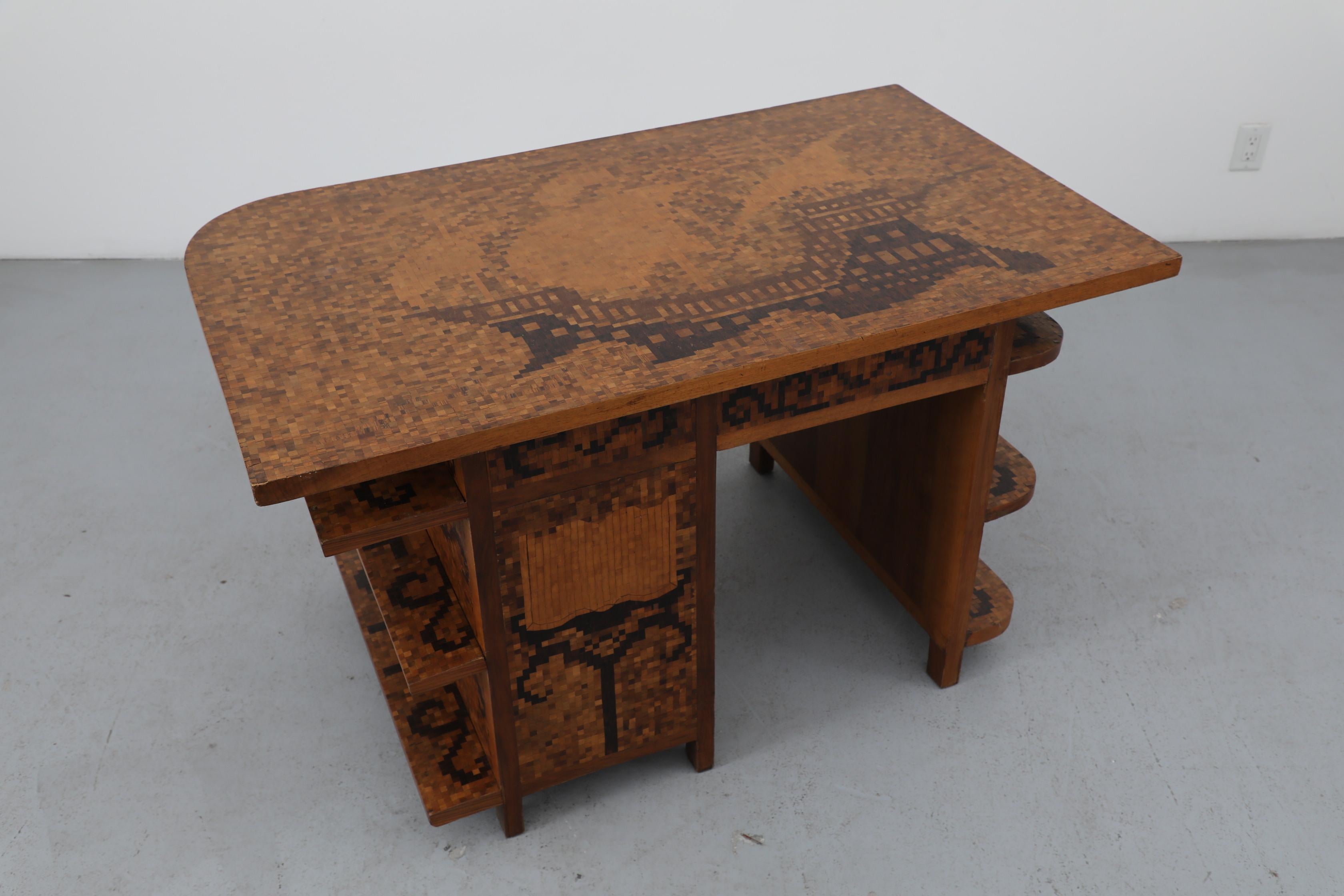 1950s Italian Mid-Century Marquetry Desk with Ship Motif & Built-in Shelves For Sale 2