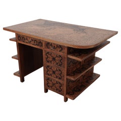 1950s Italian Mid-Century Marquetry Desk with Ship Motif & Built-in Shelves
