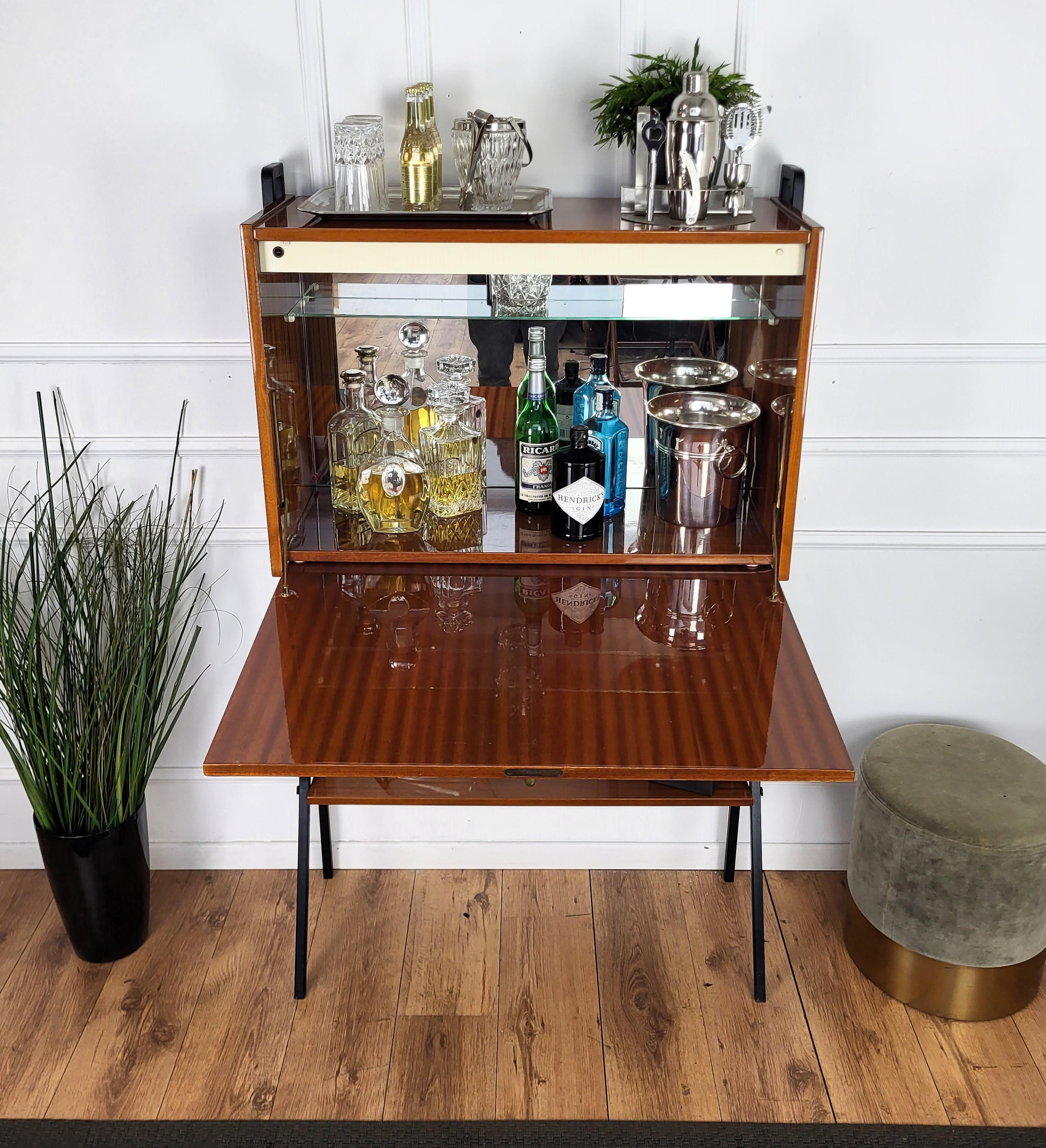 Mid-Century Modern 1950s Italian Mid-Century Metal Teak Wood Brass Slant Dry Bar Cabinet For Sale