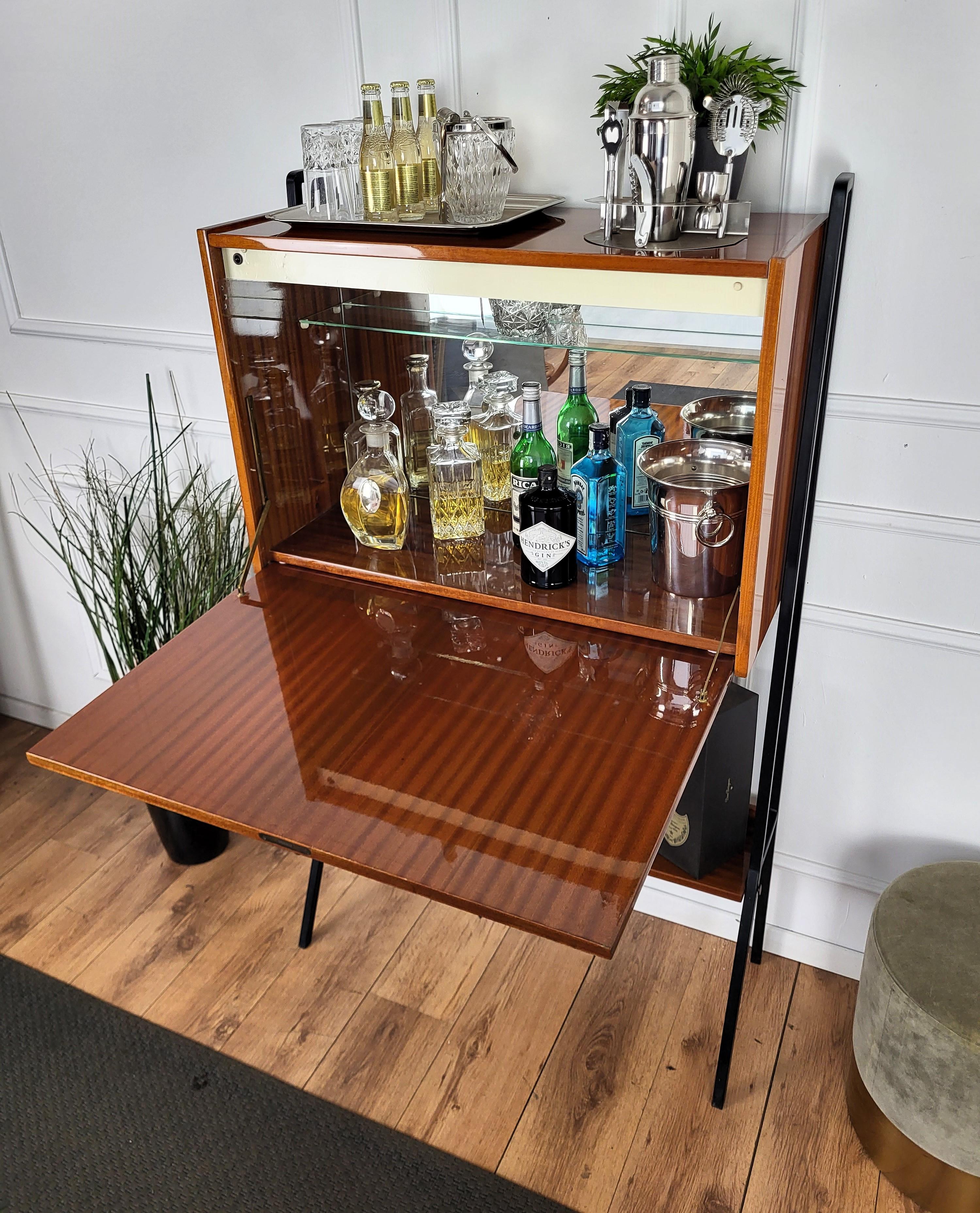 1950s Italian Mid-Century Metal Teak Wood Brass Slant Dry Bar Cabinet For Sale 1