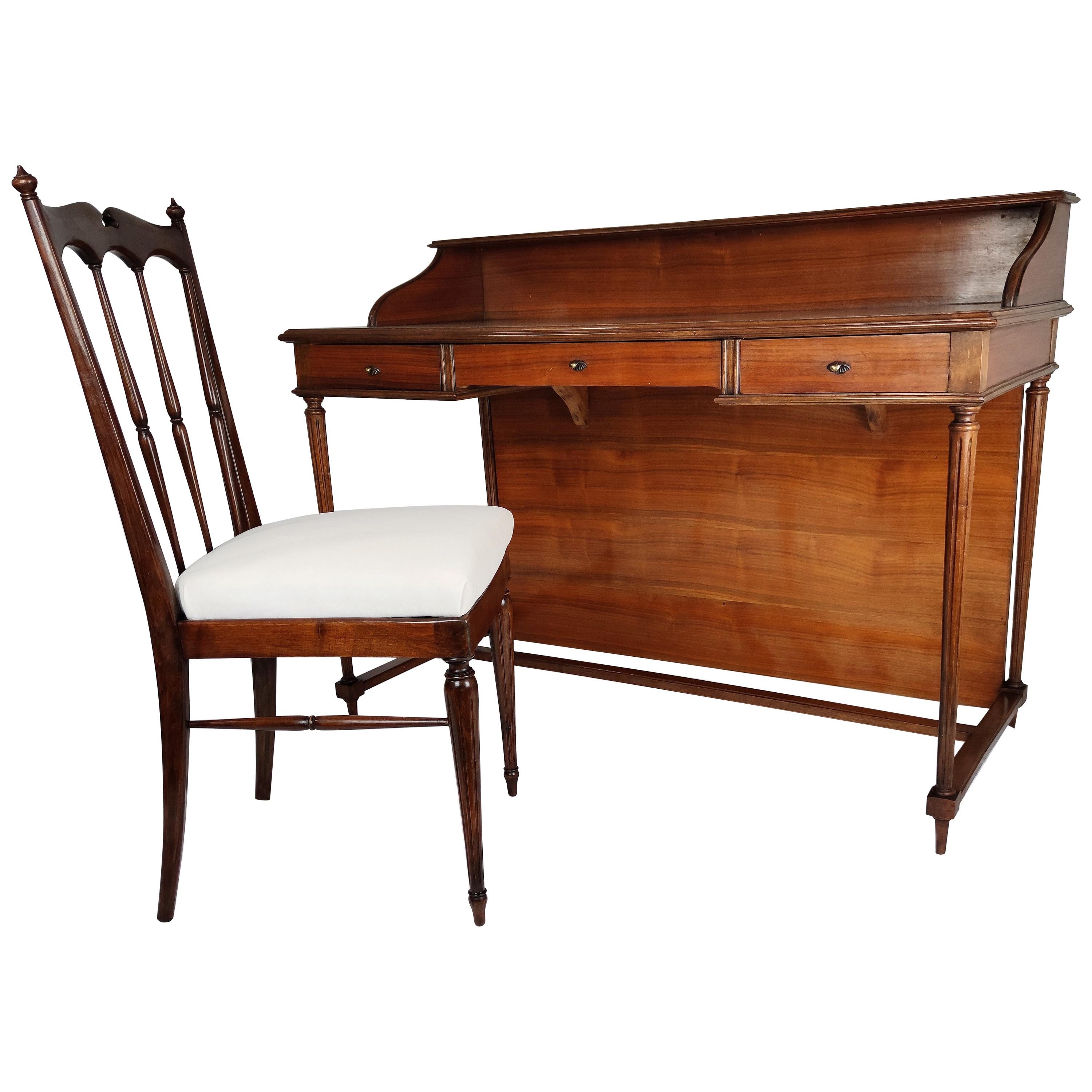1950s Italian Mid-Century Modern Regency Desk Writing Table and Chair