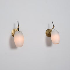 1950s Italian Mid-Century Wall Sconces in Brass, Black Lacquer and Opaline glass
