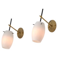 1950s Italian Mid-Century Wall Sconces in Brass, Black Lacquer and Opaline glass