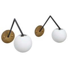1950s Italian Mid-Century Wall Sconces with Opaline Glass Globes