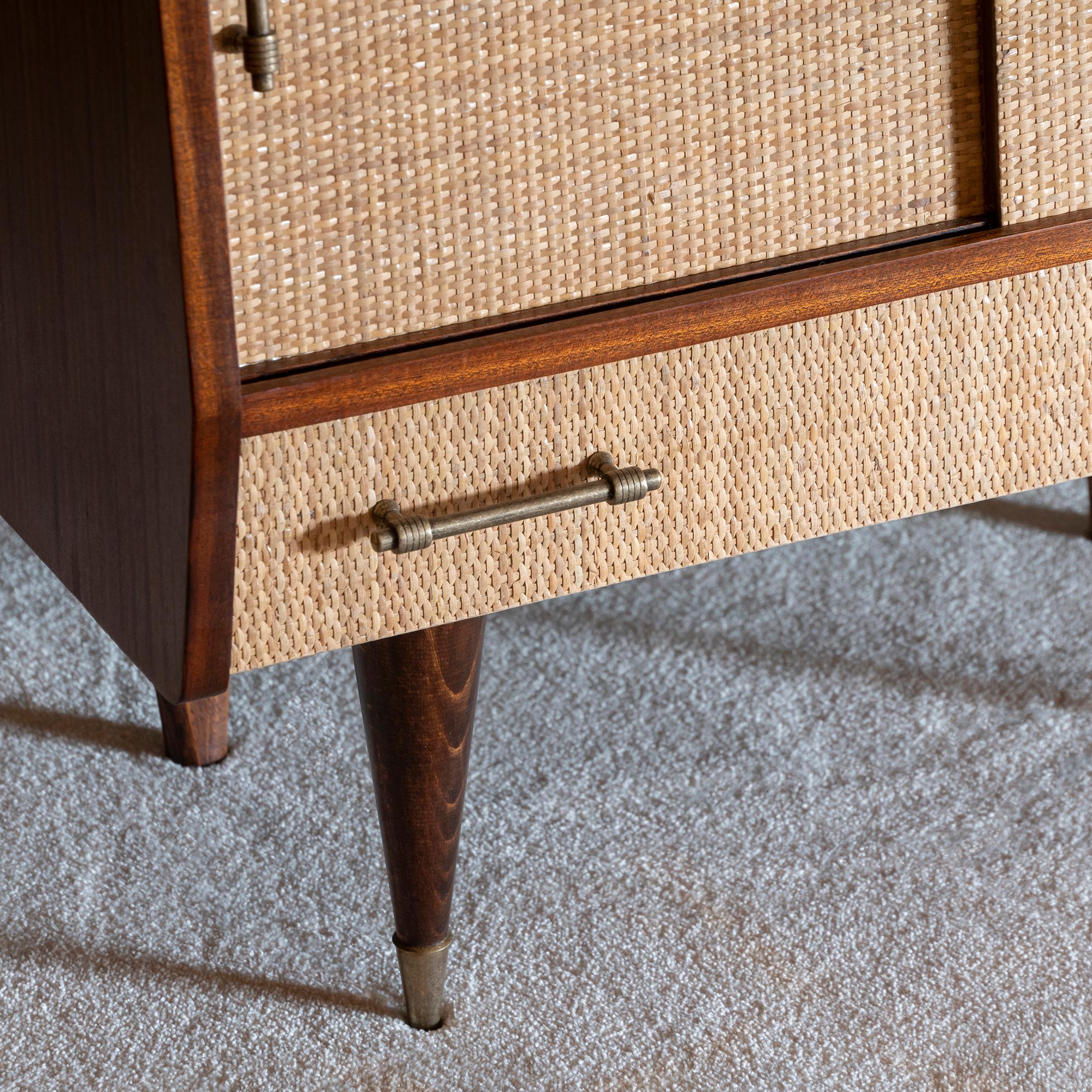 Mid-Century Modern 1950s Italian Mid-Century Wood and Rattan Dry Bar Cabinet
