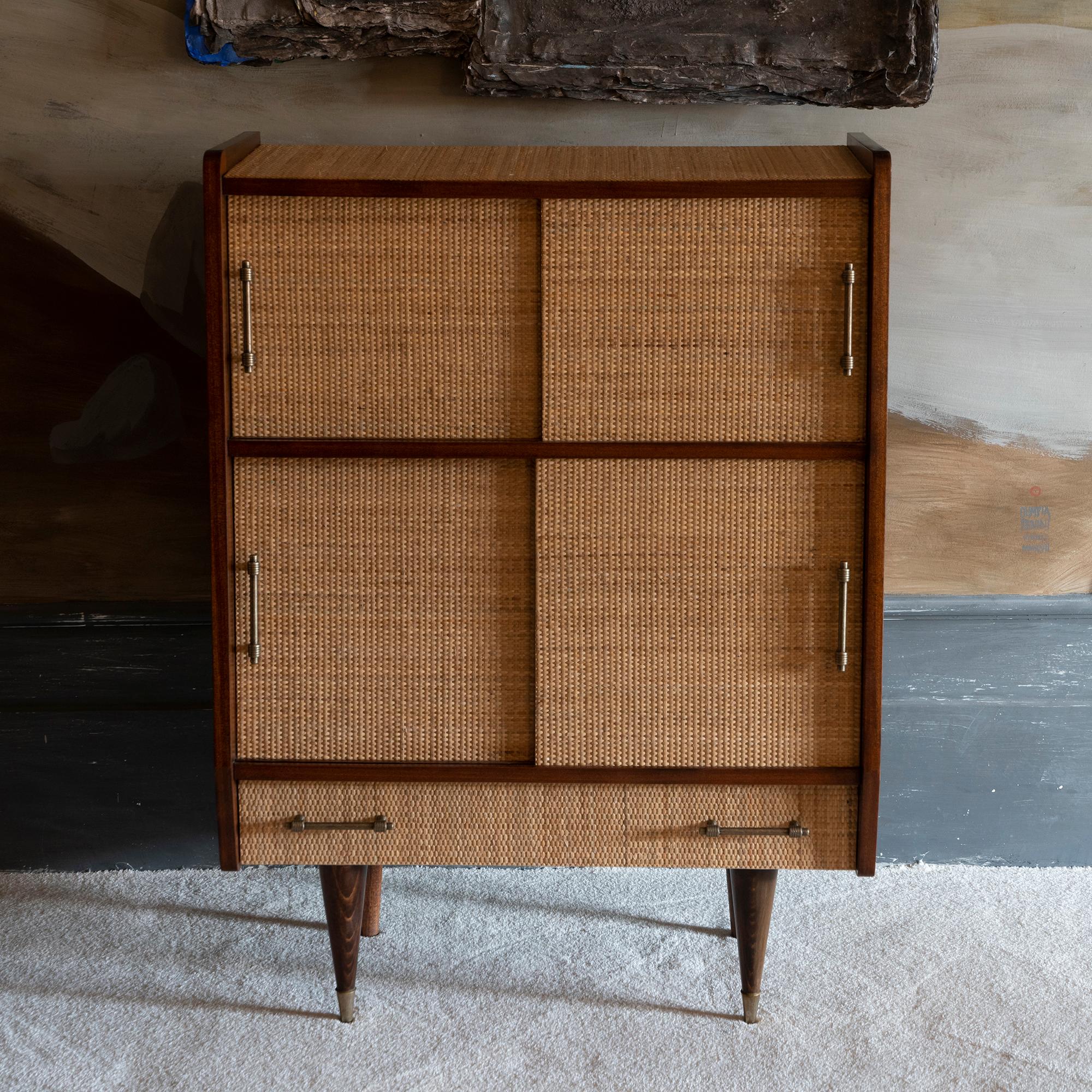 Brass 1950s Italian Mid-Century Wood and Rattan Dry Bar Cabinet