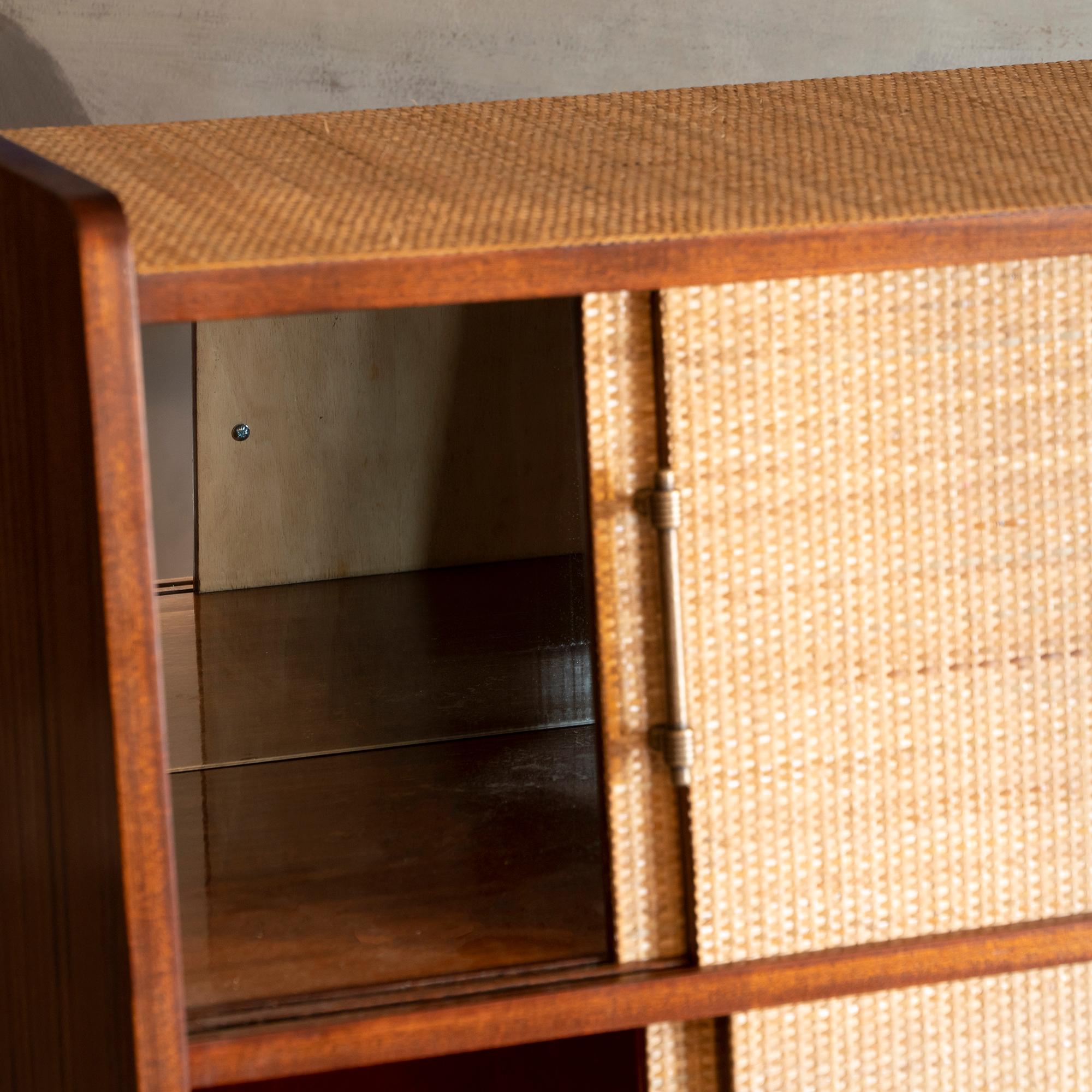 1950s Italian Mid-Century Wood and Rattan Dry Bar Cabinet 1