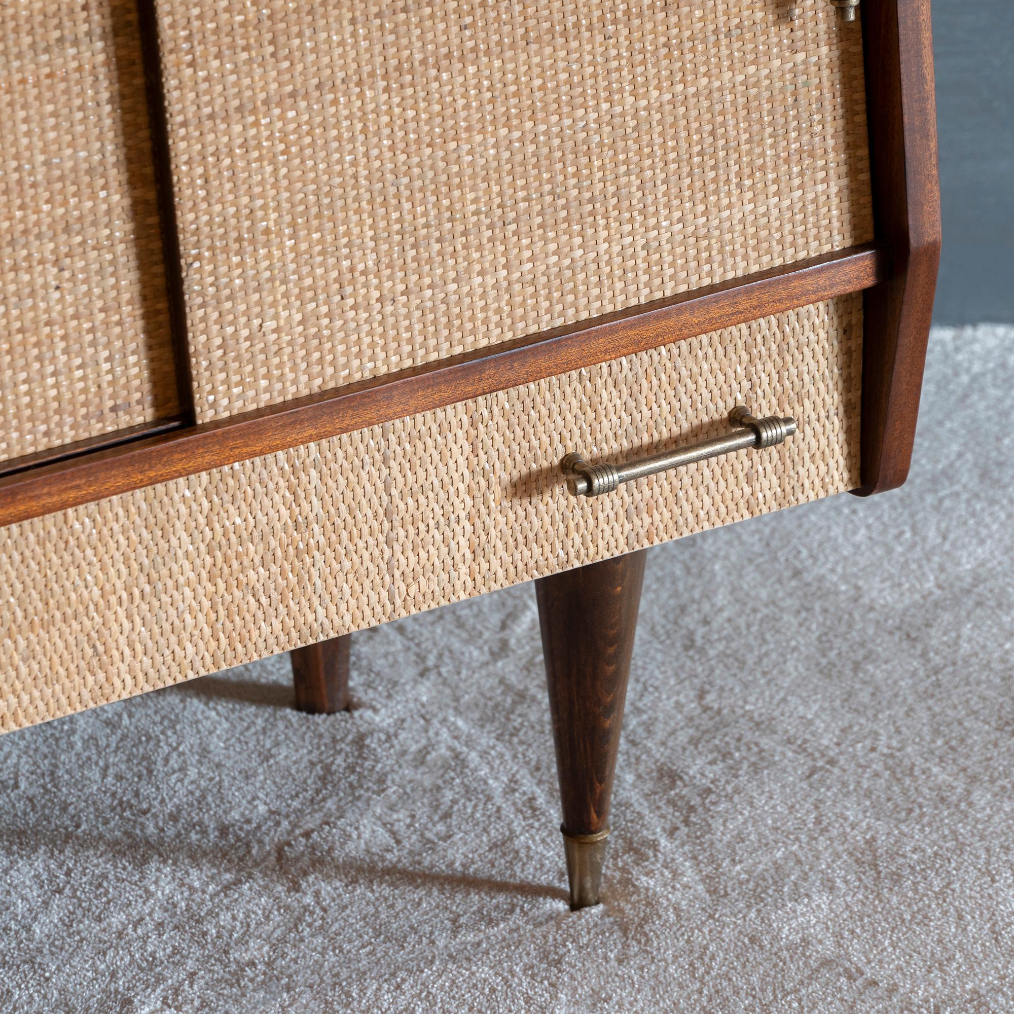 1950s Italian Mid-Century Wood and Rattan Dry Bar Cabinet 3