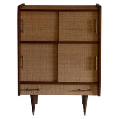 1950s Italian Mid-Century Wood and Rattan Dry Bar Cabinet