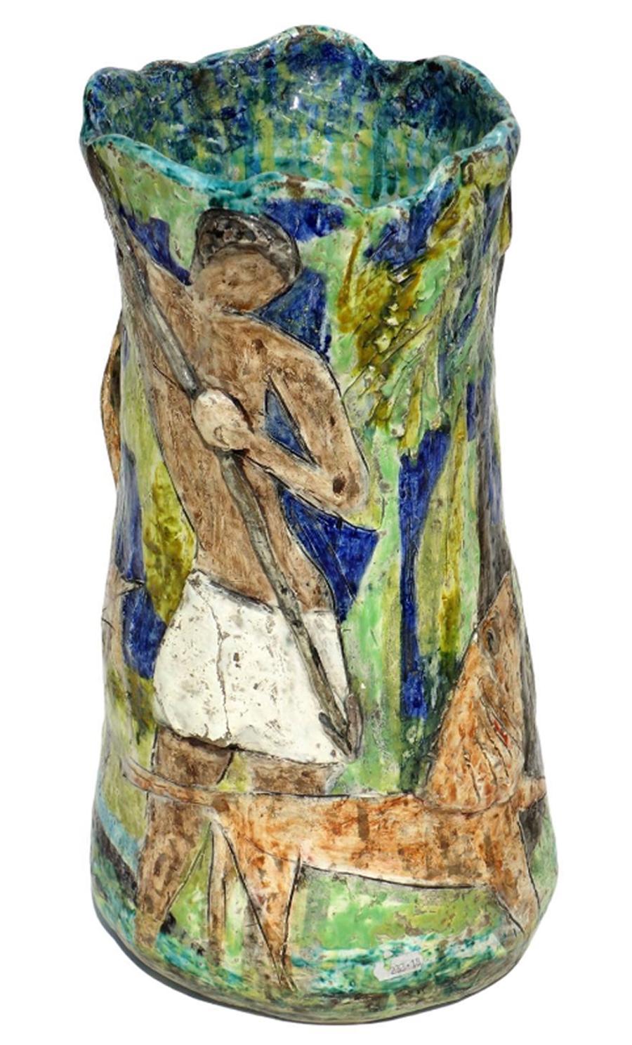  Colored Enamel Ceramic Vase
Primitive Scene in relief
Italy, 1950s

Artist sinedrio on the base.
Original 1950s
Excellent condiction, no resturation.
