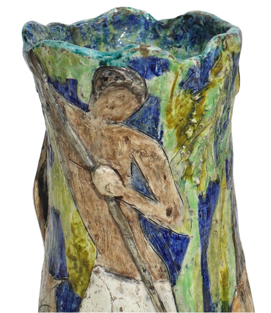 Émaillé 1950s Italian Midcentury Art Pottery Sculpture Ceramic Big Vase en vente