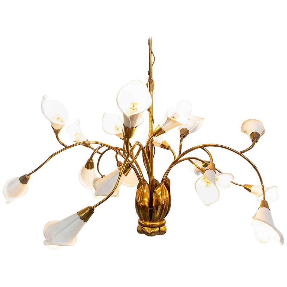 1950s Italian Midcentury Brass and Metal Ceiling Lamp, Attribute Angelo Lelii For Sale