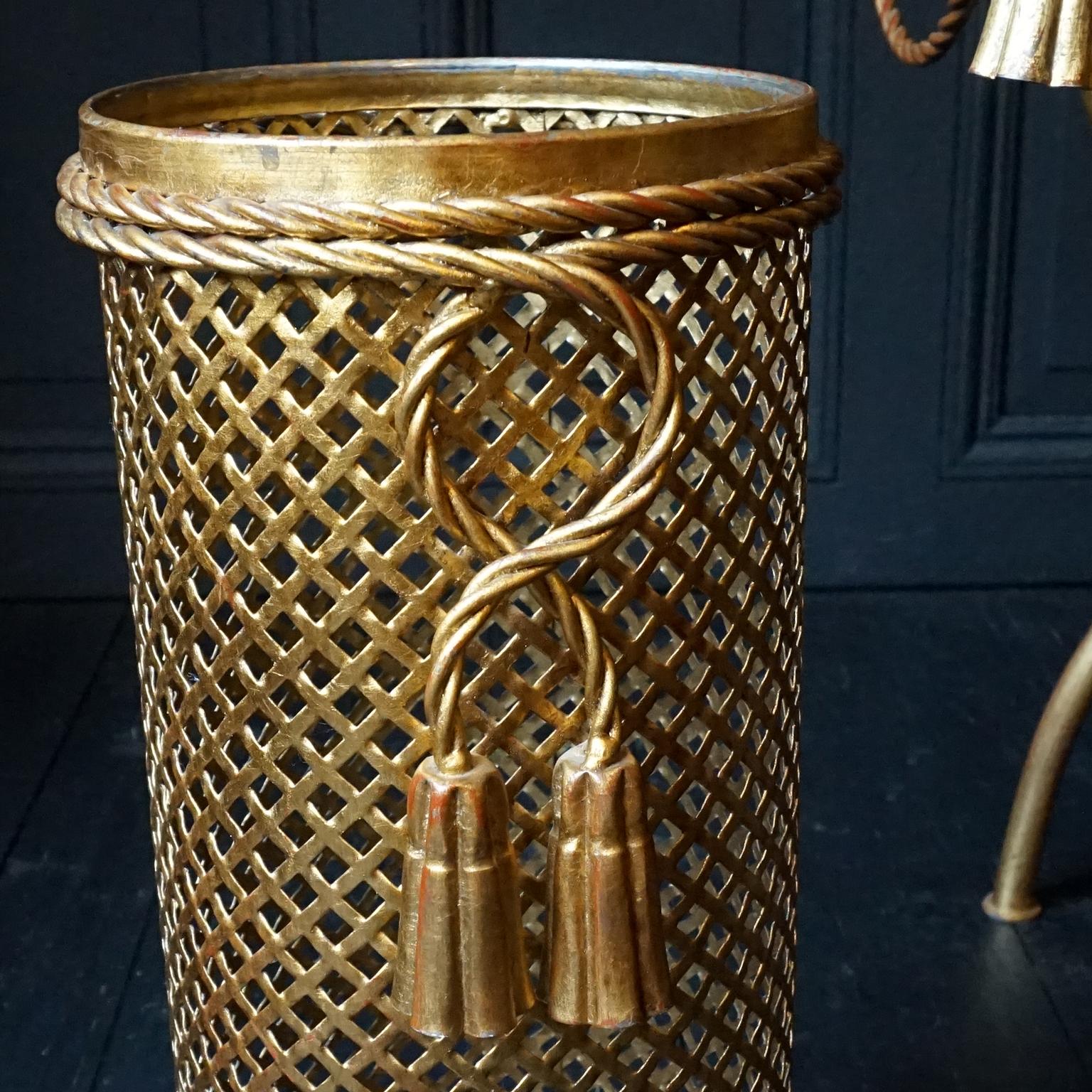 1950s Italian Midcentury Gilt Metal Rope and Tassel Stool and Umbrella Stand For Sale 10