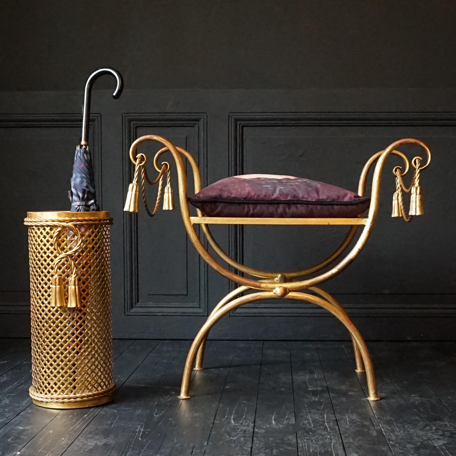20th Century 1950s Italian Midcentury Gilt Metal Rope and Tassel Stool and Umbrella Stand For Sale