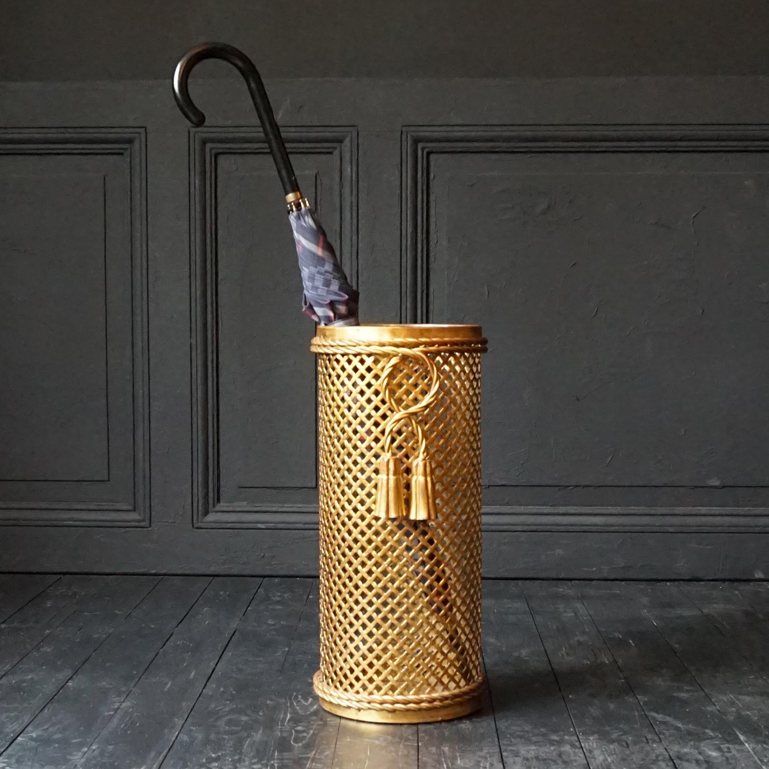 1950s Italian Midcentury Gilt Metal Rope and Tassel Stool and Umbrella Stand For Sale 9