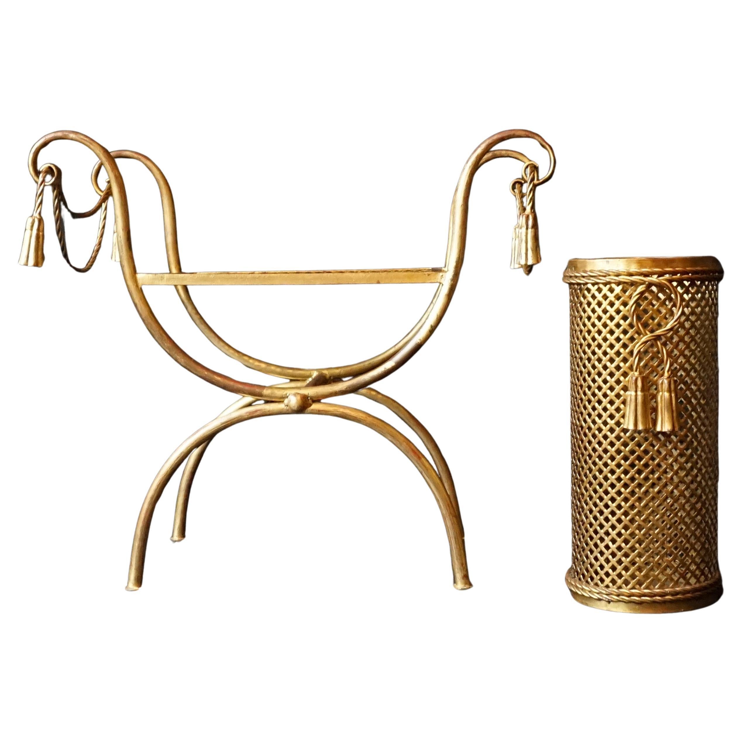 1950s Italian Midcentury Gilt Metal Rope and Tassel Stool and Umbrella Stand For Sale