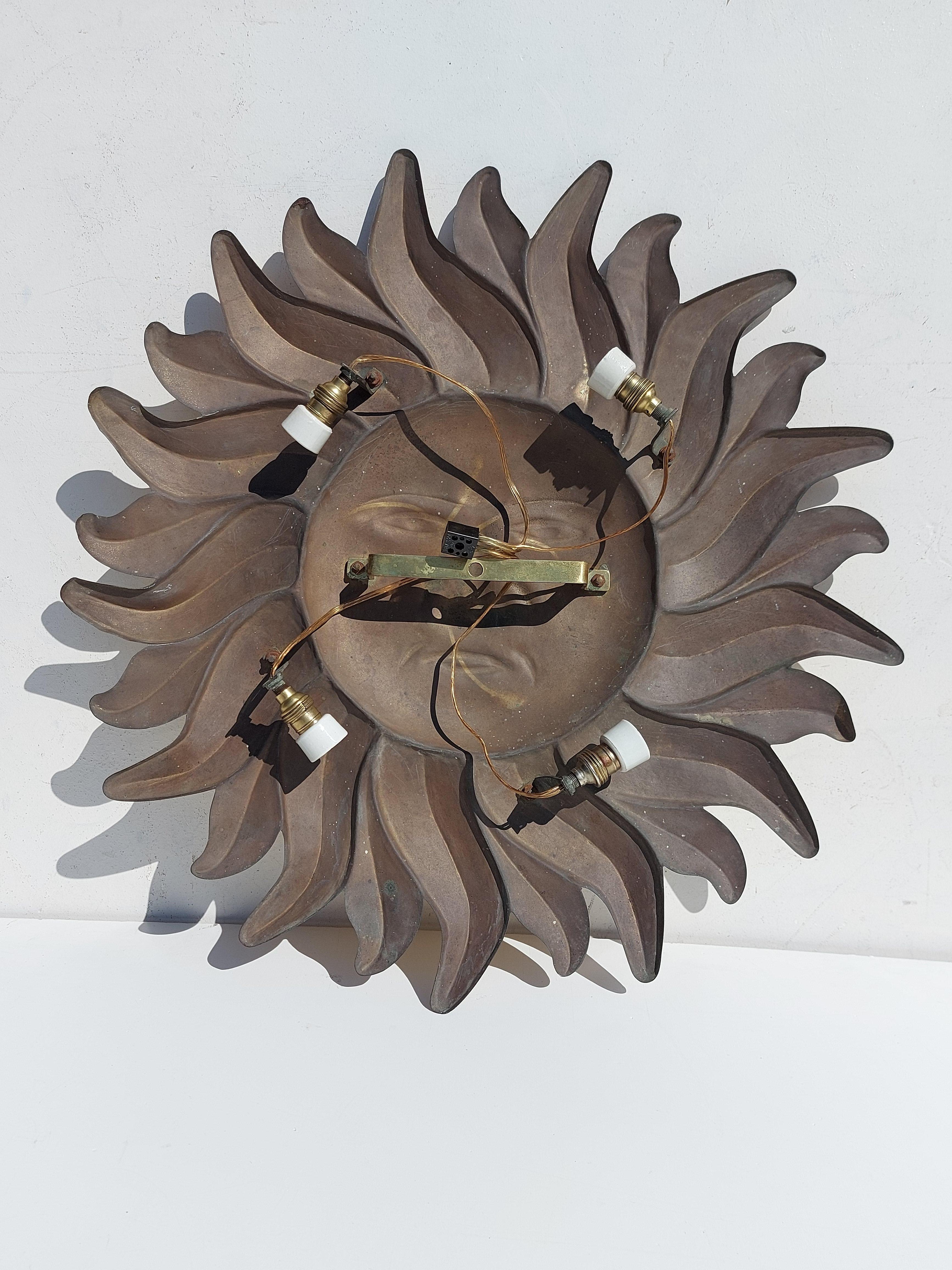 1950s Italian Mid-Century Modern Design Sun Brass Flush Mount Wall Lamp For Sale 1