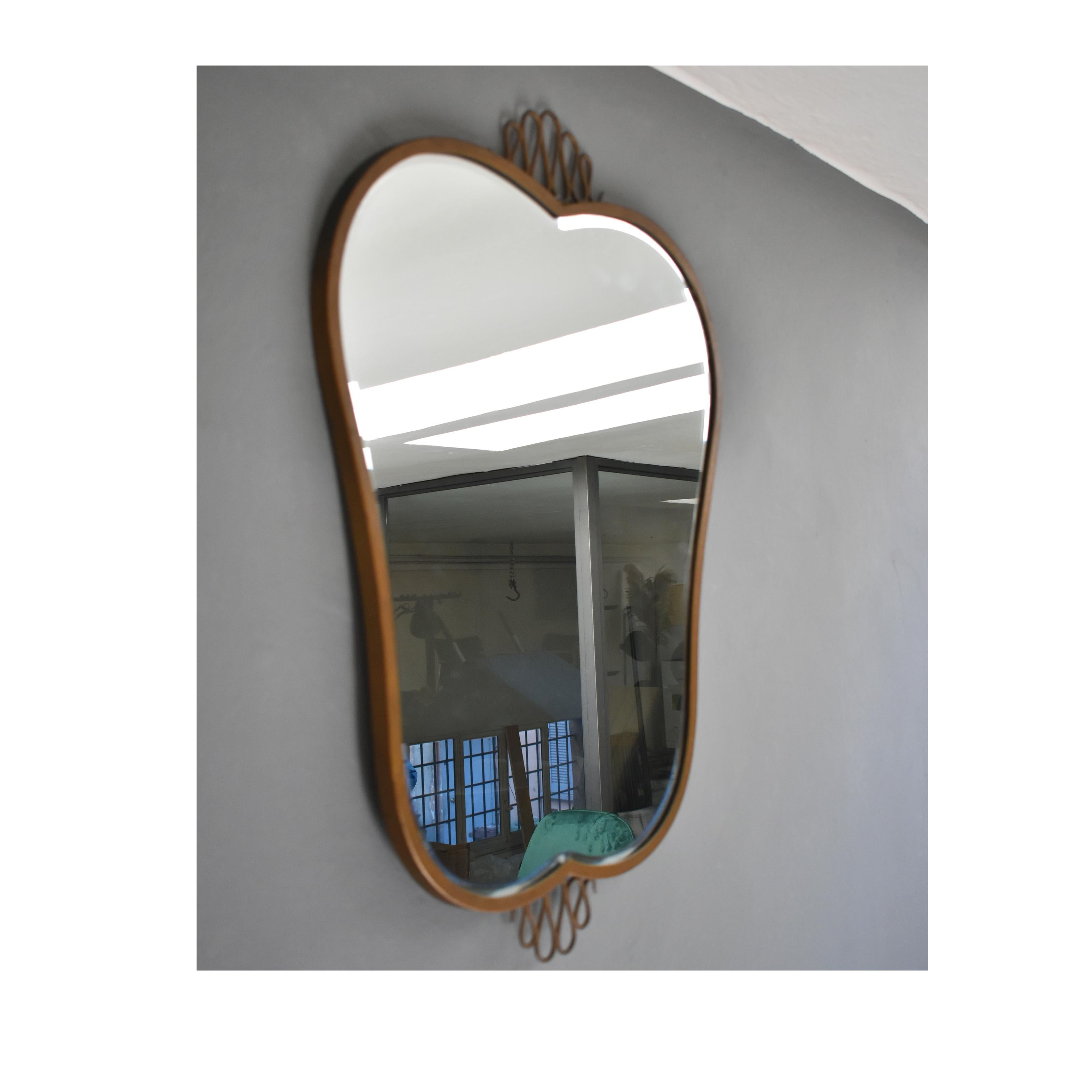 Mid-Century Modern 1950s Italian Mirror with Gold Painted Iron Frame and Gio Ponti Style Decoration