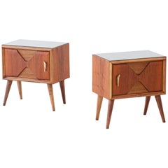 1950s Italian Modern Exotic Wood Brass and Glass Bedside Tables