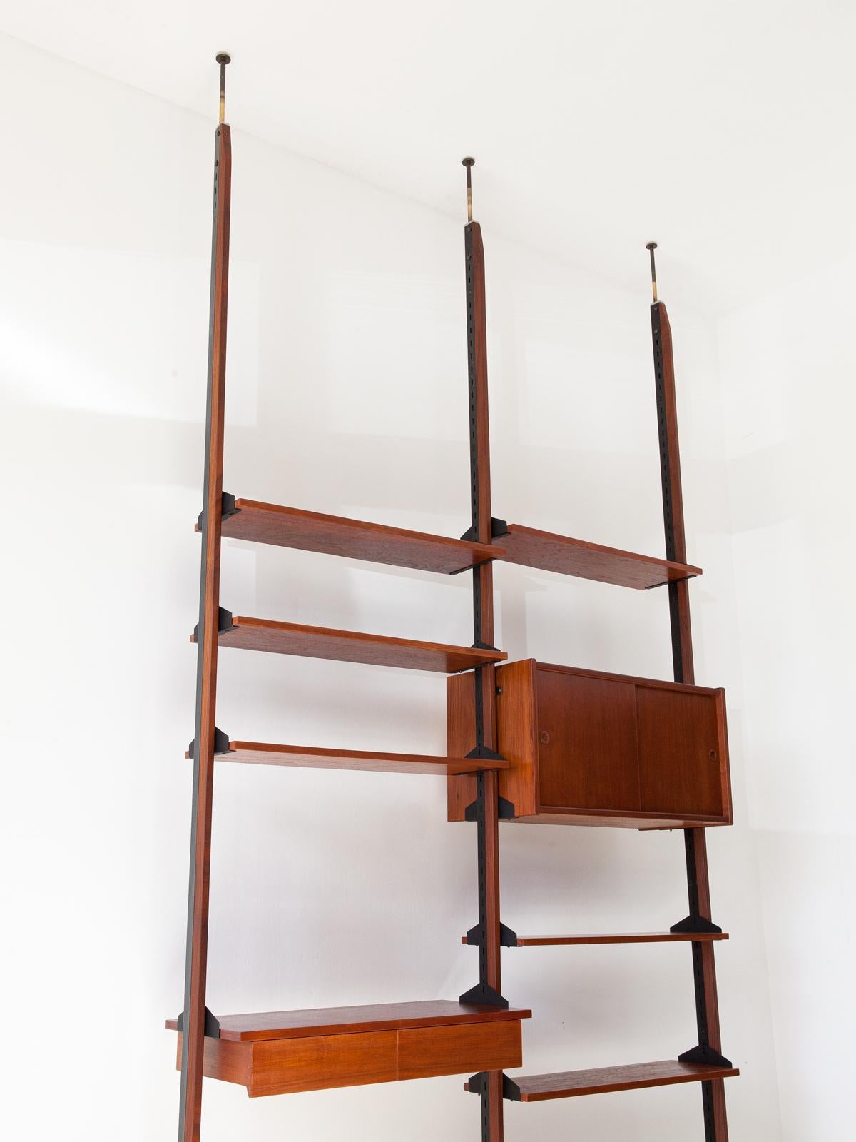 1950s Italian Modern Teak Iron and Brass Floor to Ceiling Wall Unit 5