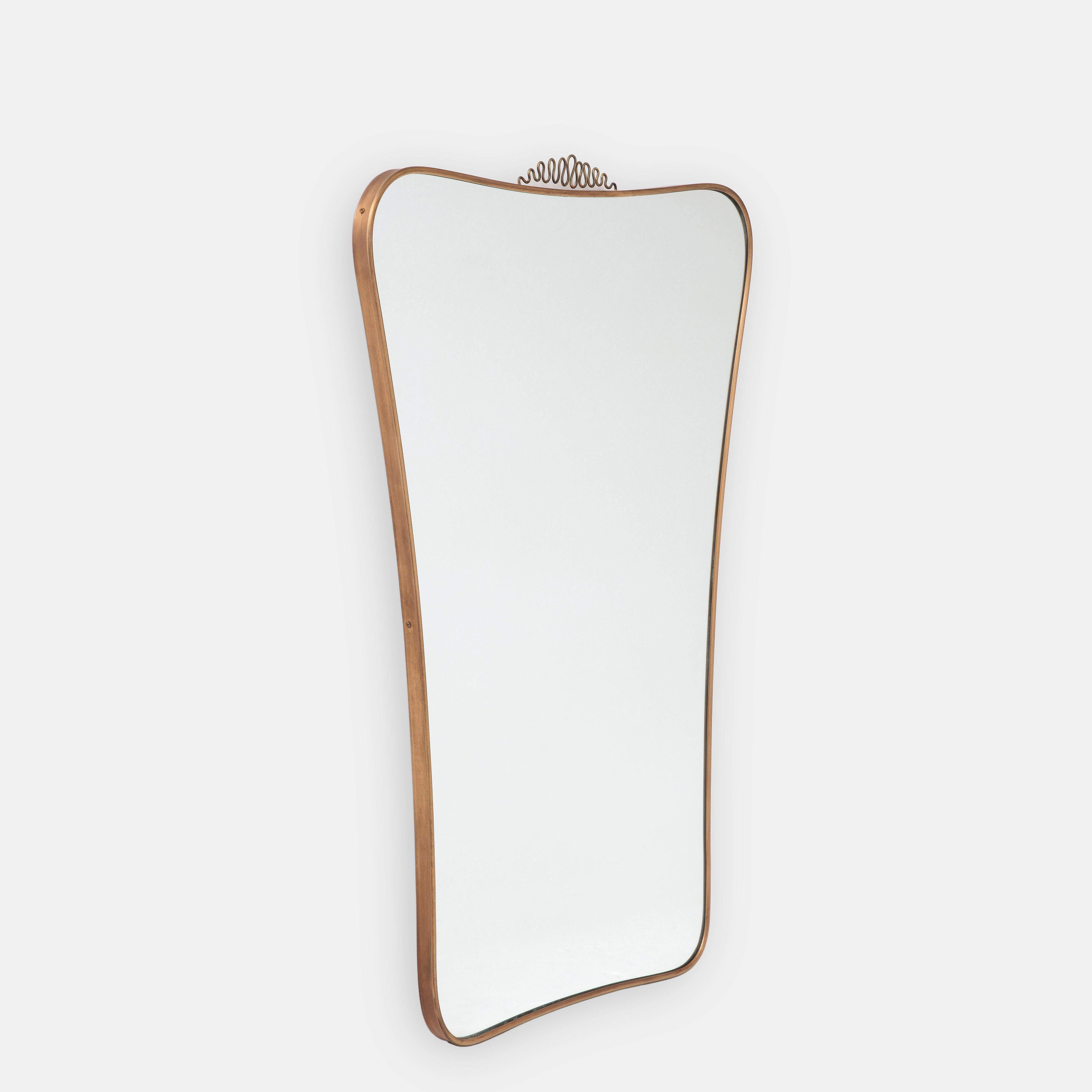 1950s Italian Modernist Brass Mirror with Scroll Top Attributed to Gio Ponti In Good Condition For Sale In New York, NY