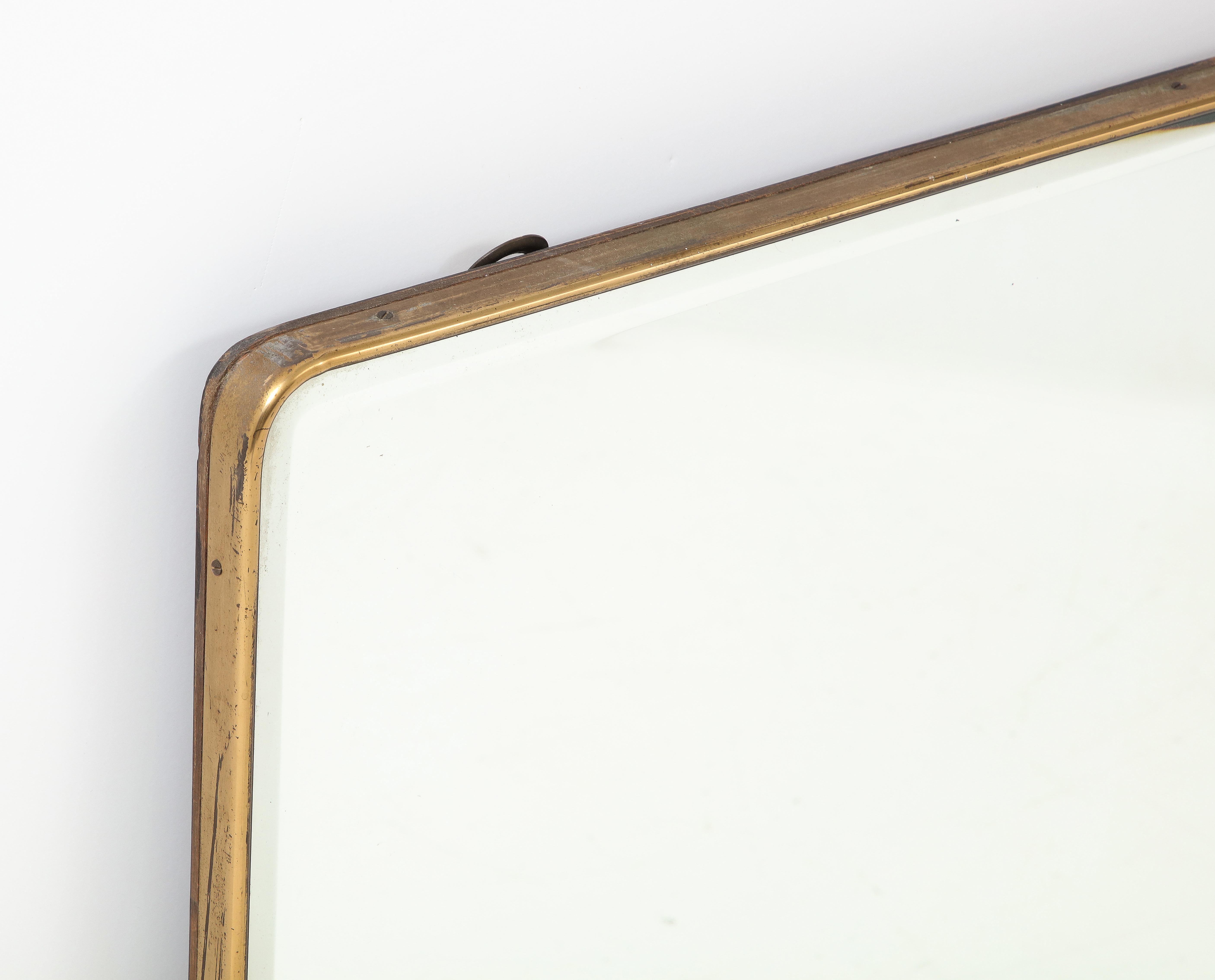 Mid-Century Modern 1950s Italian Modernist Grand Scale Rectangular Brass Beveled Mirror For Sale