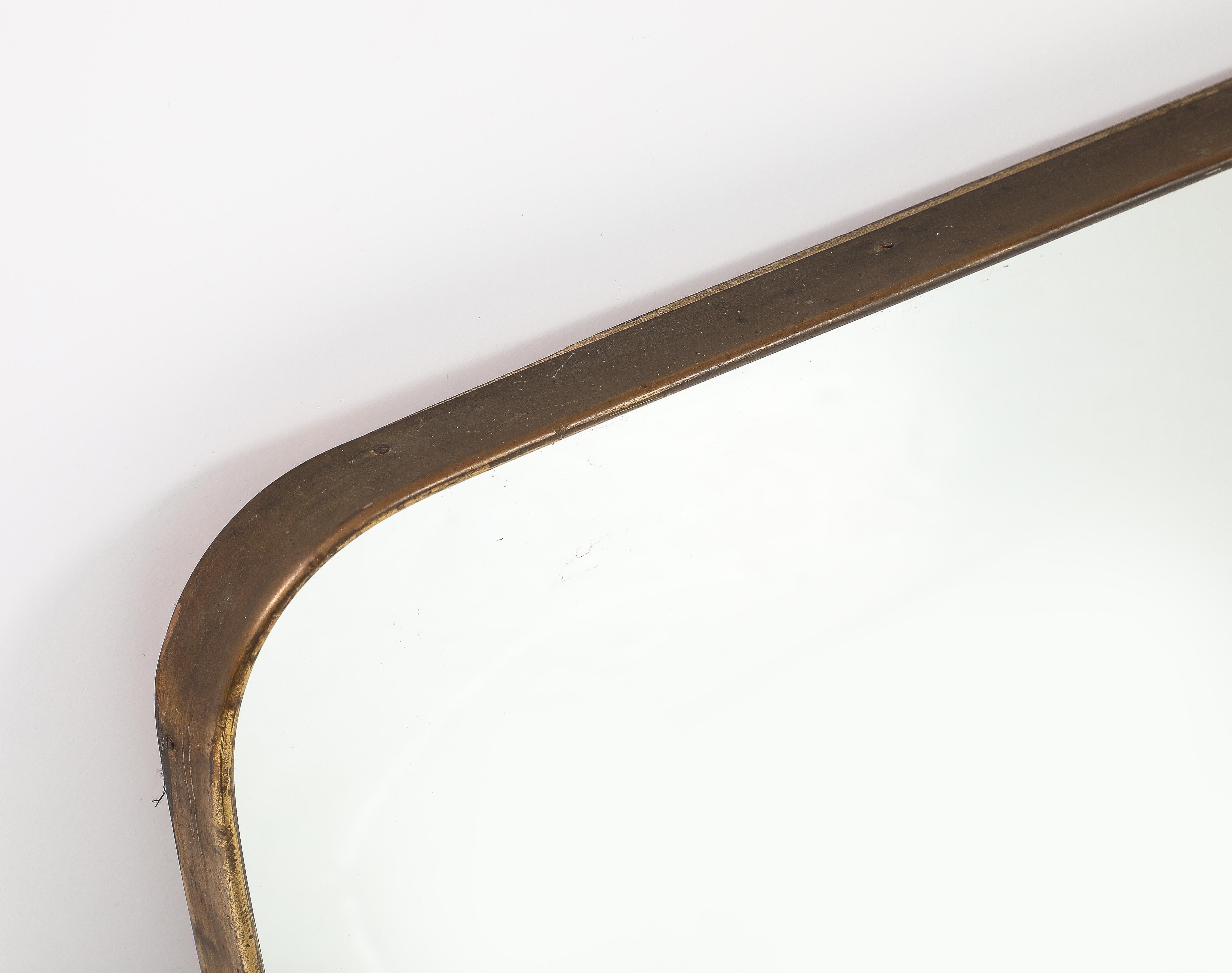Midcentury Italian Modernist Horizontal Overmantel Brass Scroll Mirror, 1950s In Good Condition For Sale In New York, NY