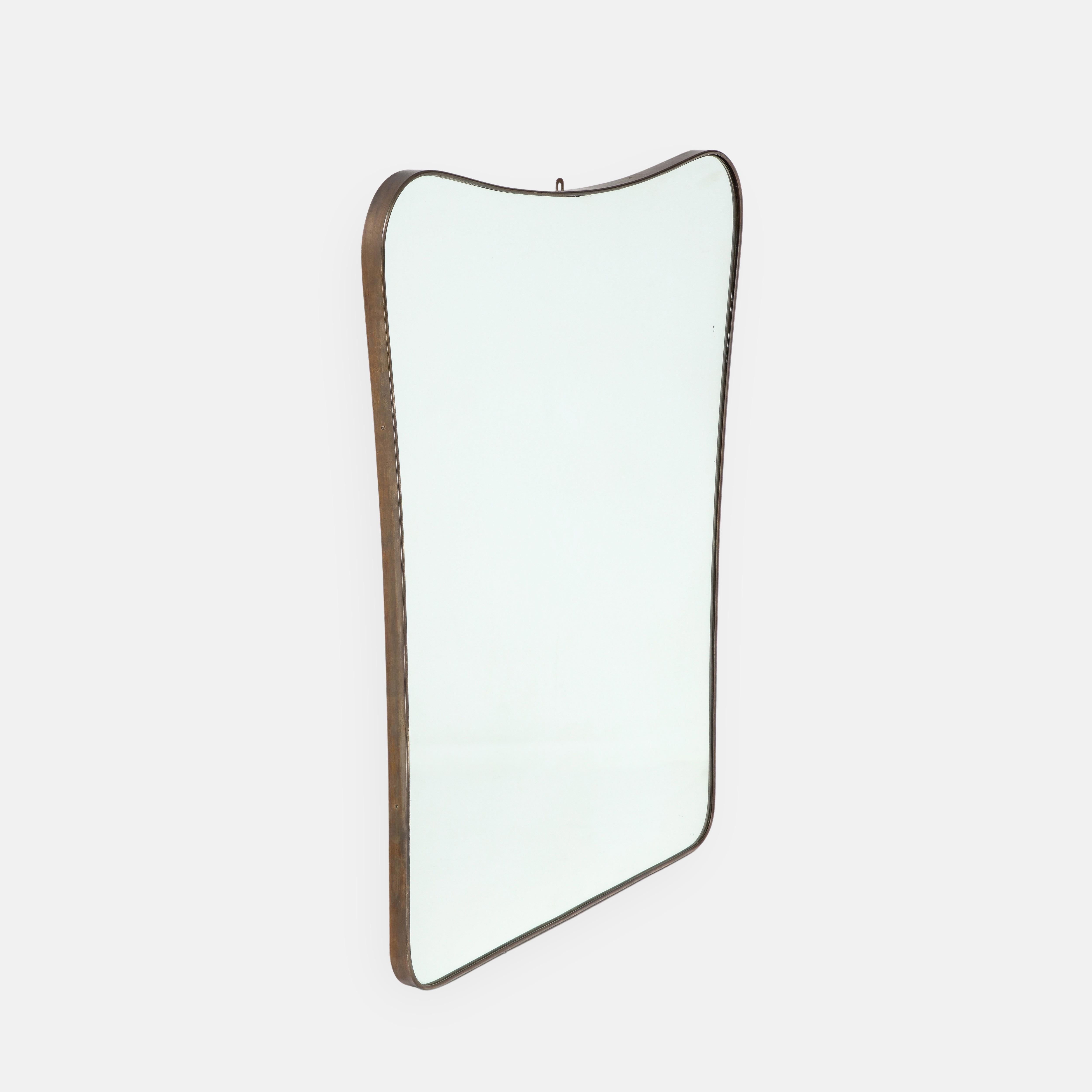 Mid-Century Modern 1950s Italian Modernist Large Shaped Brass Mirror For Sale