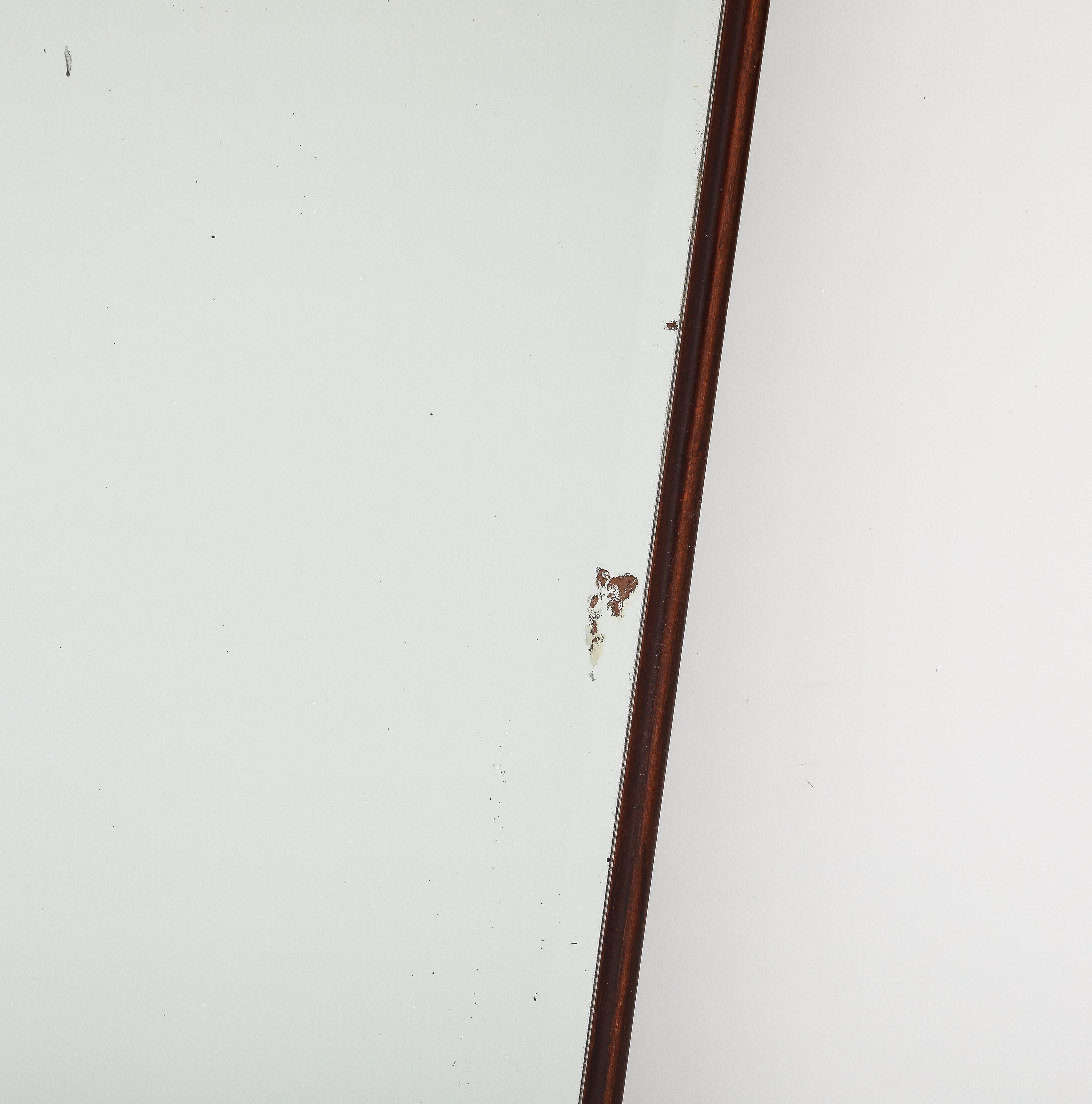 Midcentury Italian Modernist Shaped Walnut Brass Scroll Beveled Mirror, 1950s For Sale 5