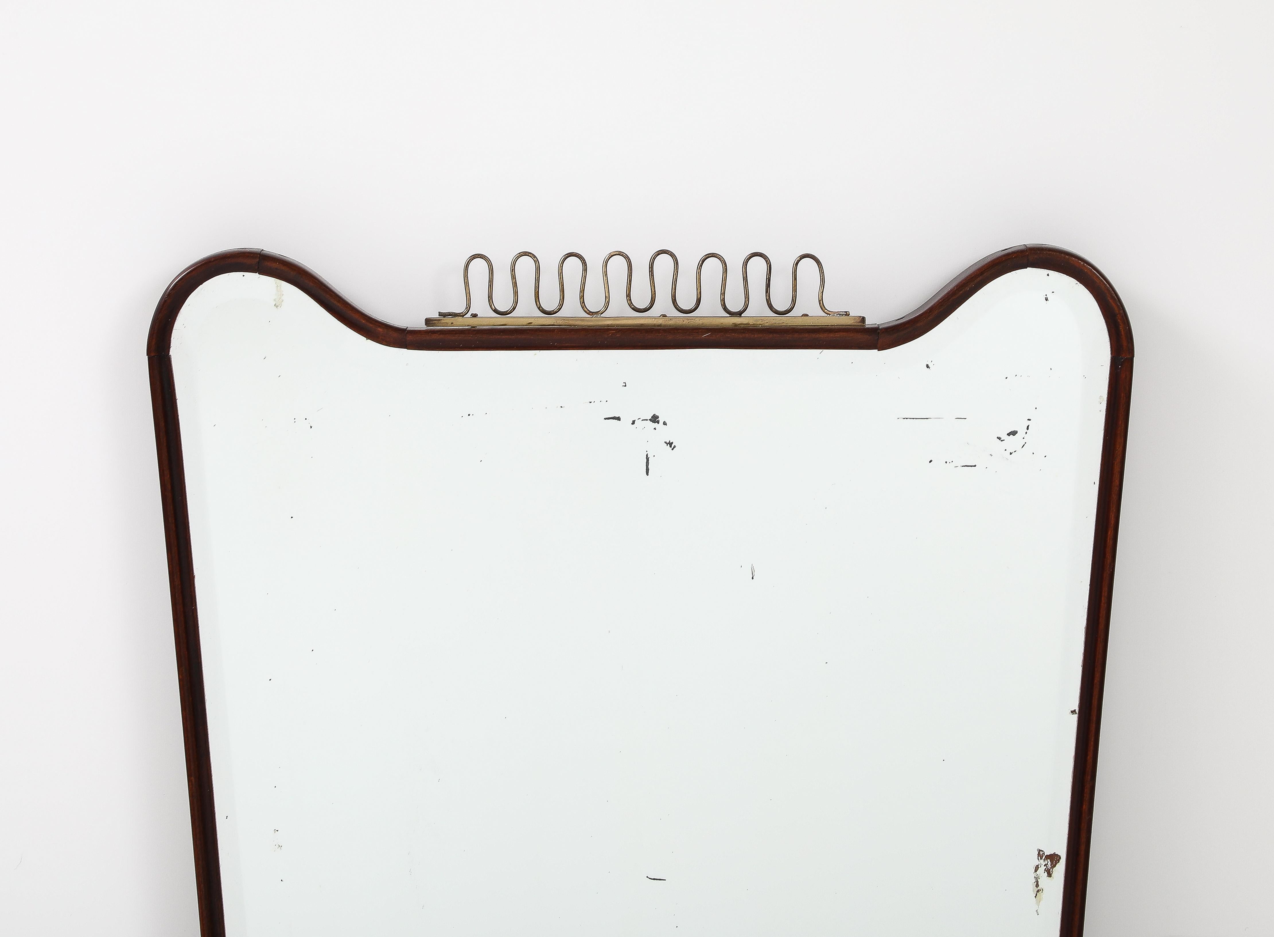 Midcentury Italian Modernist Shaped Walnut Brass Scroll Mirror, 1950s In Good Condition For Sale In New York, NY