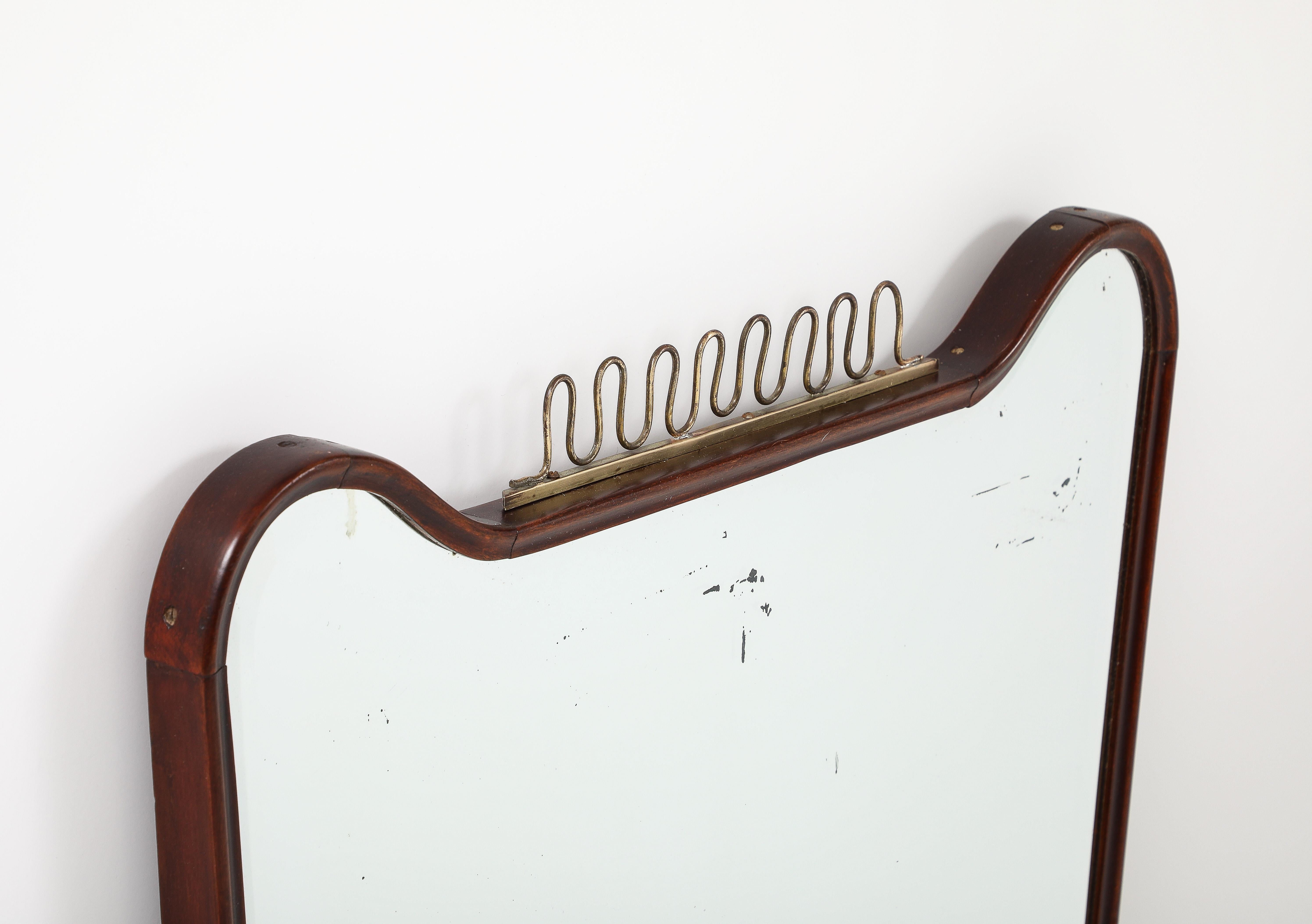 Mid-20th Century Midcentury Italian Modernist Shaped Walnut Brass Scroll Mirror, 1950s For Sale