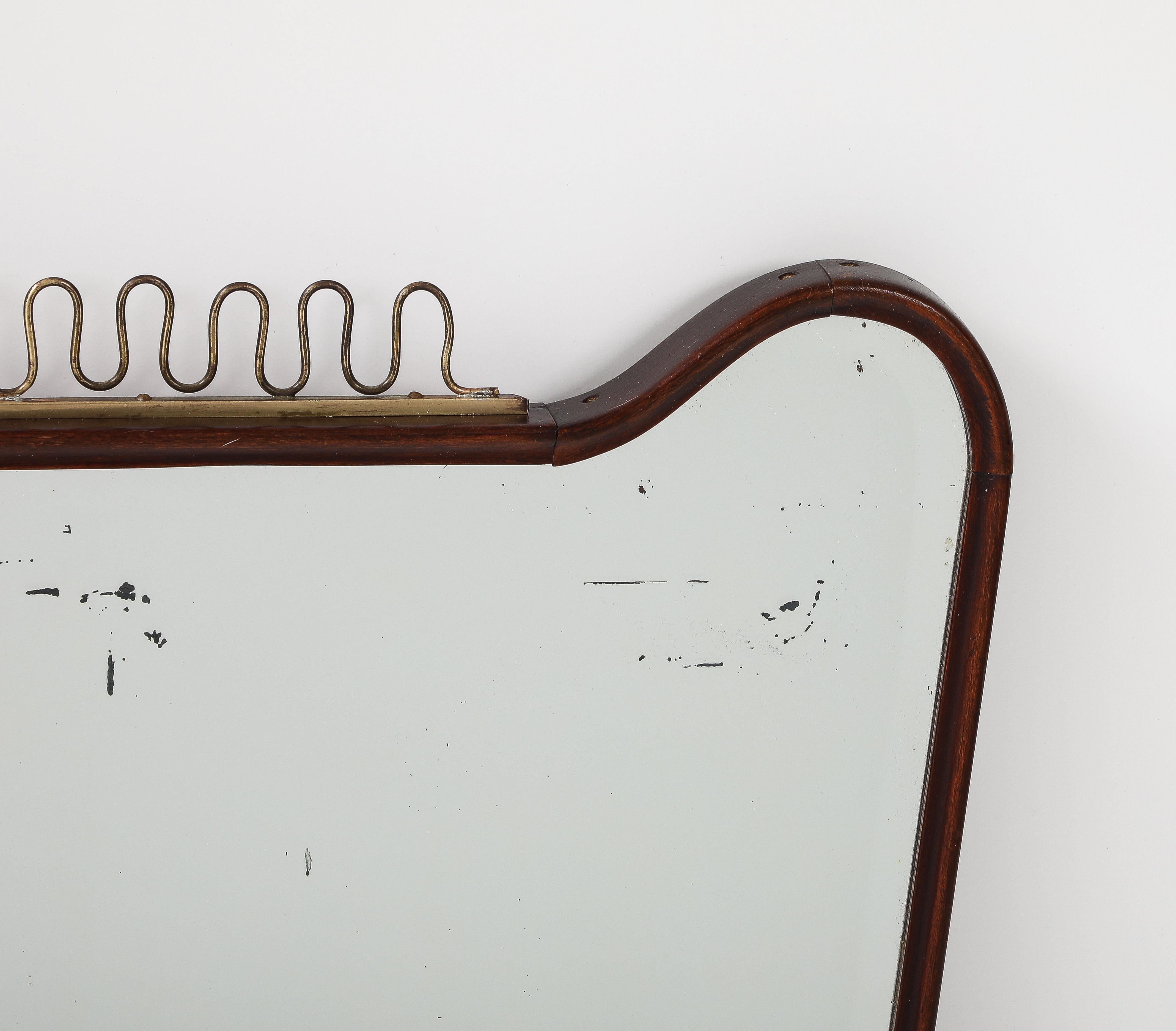 Midcentury Italian Modernist Shaped Walnut Brass Scroll Mirror, 1950s For Sale 3