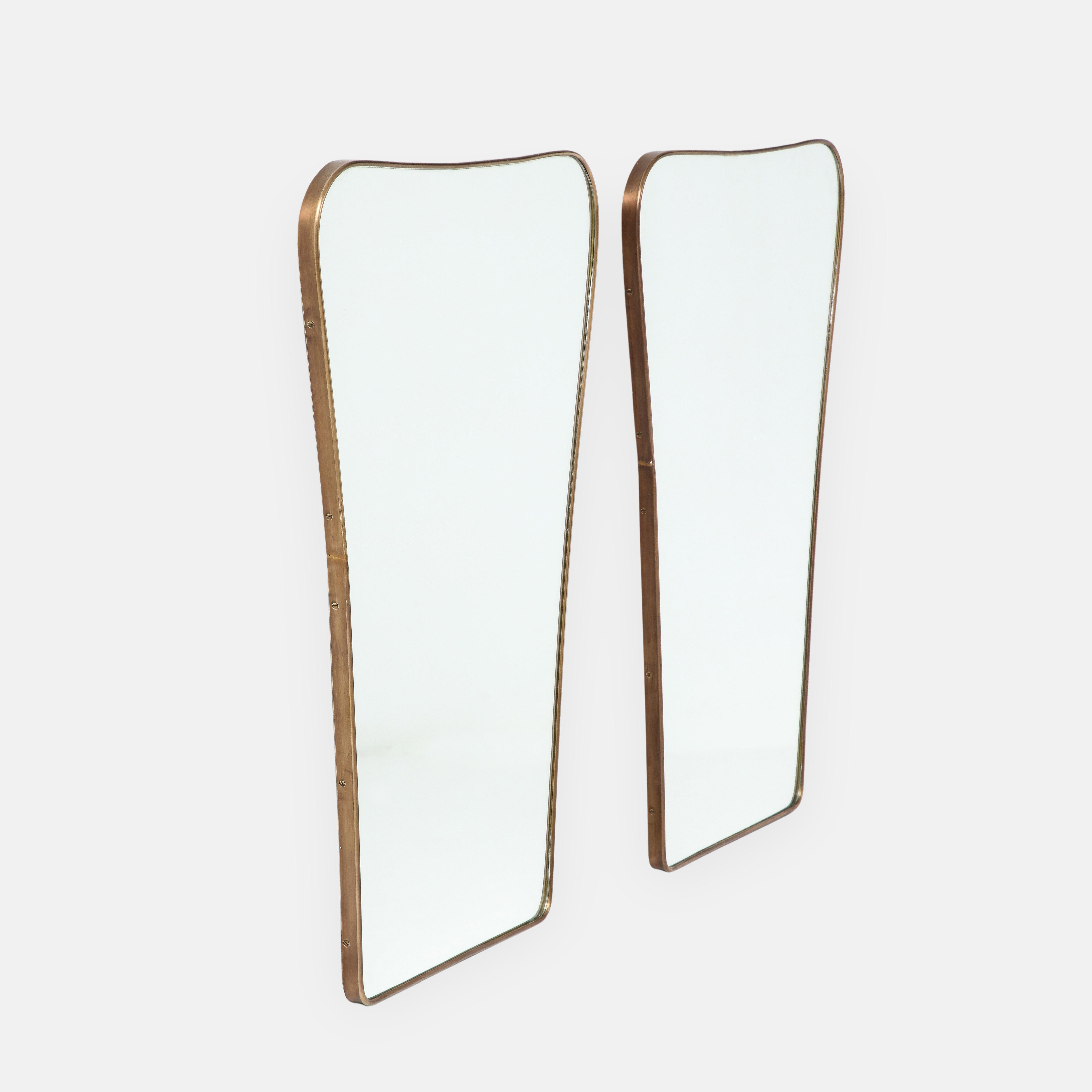 Mid-Century Modern Midcentury Italian Modernist Pair of Large Shaped Brass Mirrors, 1950s For Sale