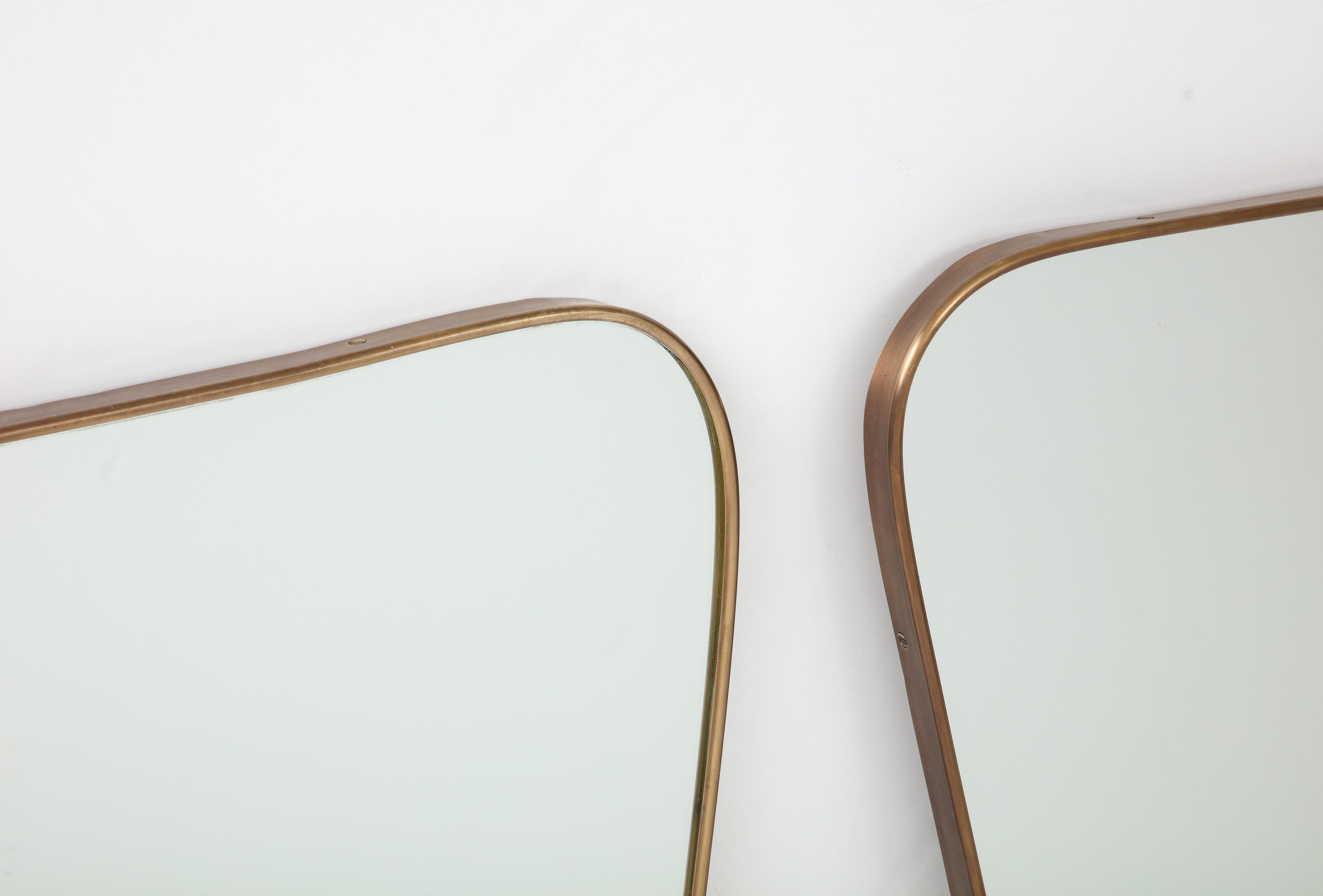 Midcentury Italian Modernist Pair of Large Shaped Brass Mirrors, 1950s For Sale 2