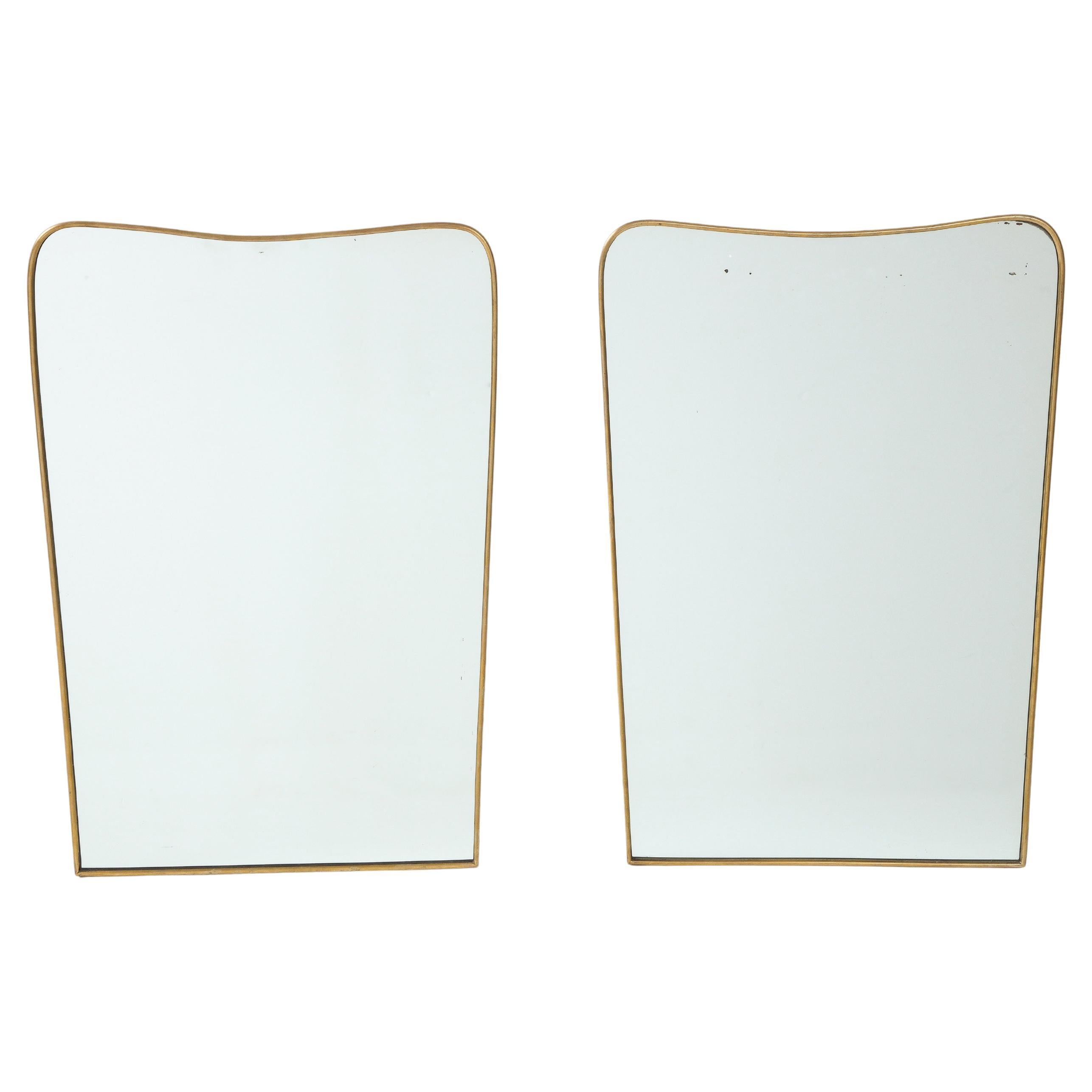 1950s Italian Modernist Pair of Shaped Brass Mirrors For Sale