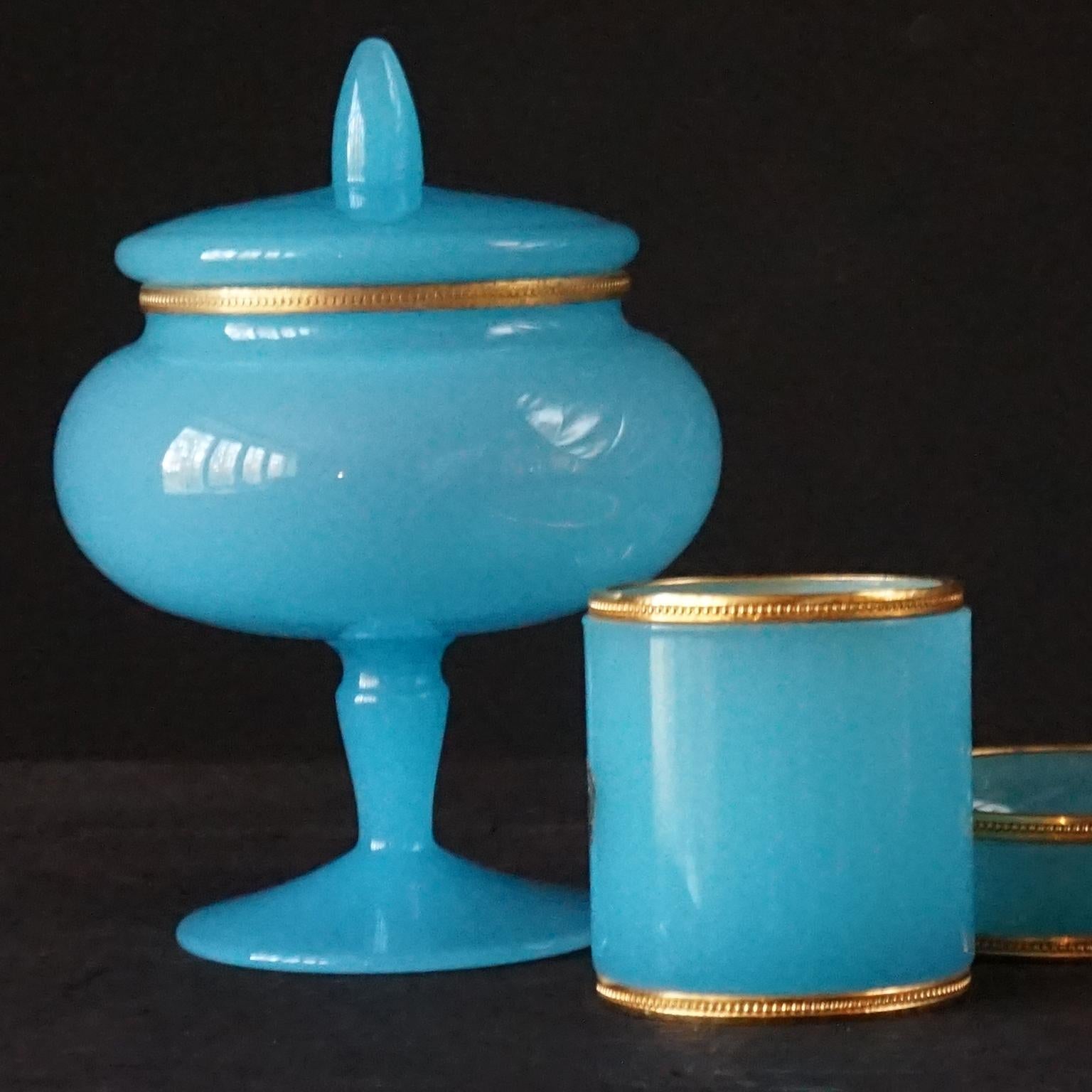 Mid-Century Modern 1950s Italian Murano Blue Cased Glass Ormolu Set in Veritable Opaline de Murano For Sale