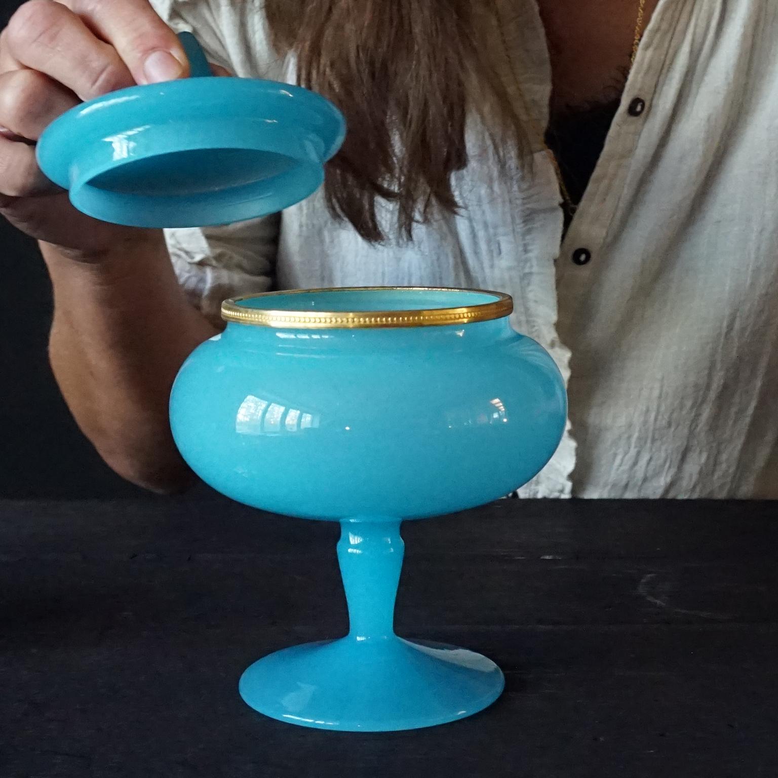 Mid-20th Century 1950s Italian Murano Blue Cased Glass Ormolu Set in Veritable Opaline de Murano For Sale