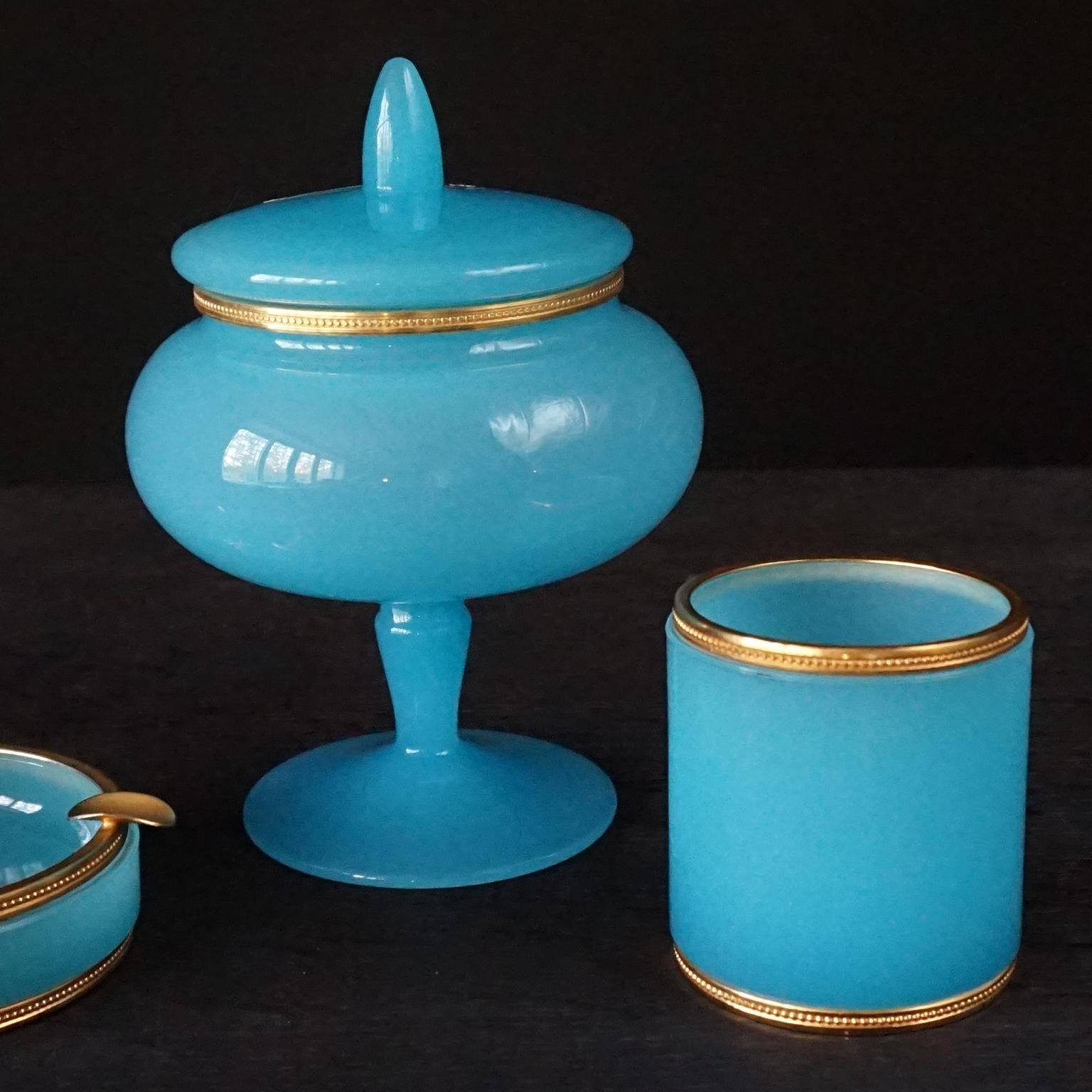 Brass 1950s Italian Murano Blue Cased Glass Ormolu Set in Veritable Opaline de Murano For Sale