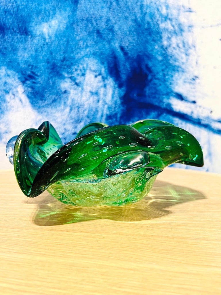 Art Glass 1950's Italian Murano Bowl or Ashtray in Emerald Green with Gold Leaf For Sale
