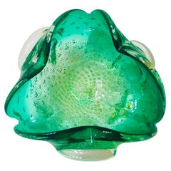 Vintage Emerald Green Murano Bowl or Ashtray with Gold Leaf Accents, Italy c. 1950s