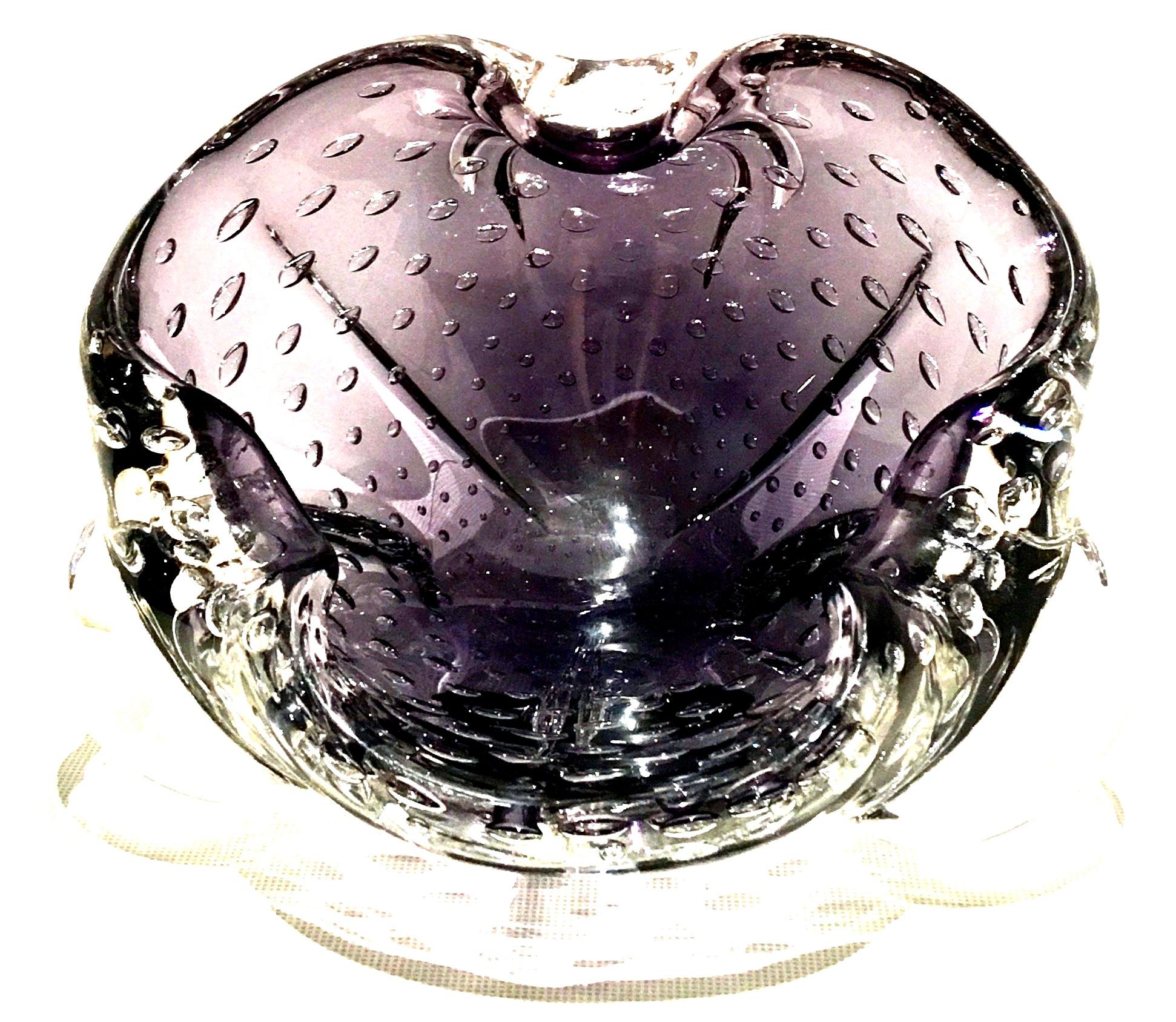 1950s Italian Murano glass amethyst and clear encased bubbles organic form bowl. Made in Italy.