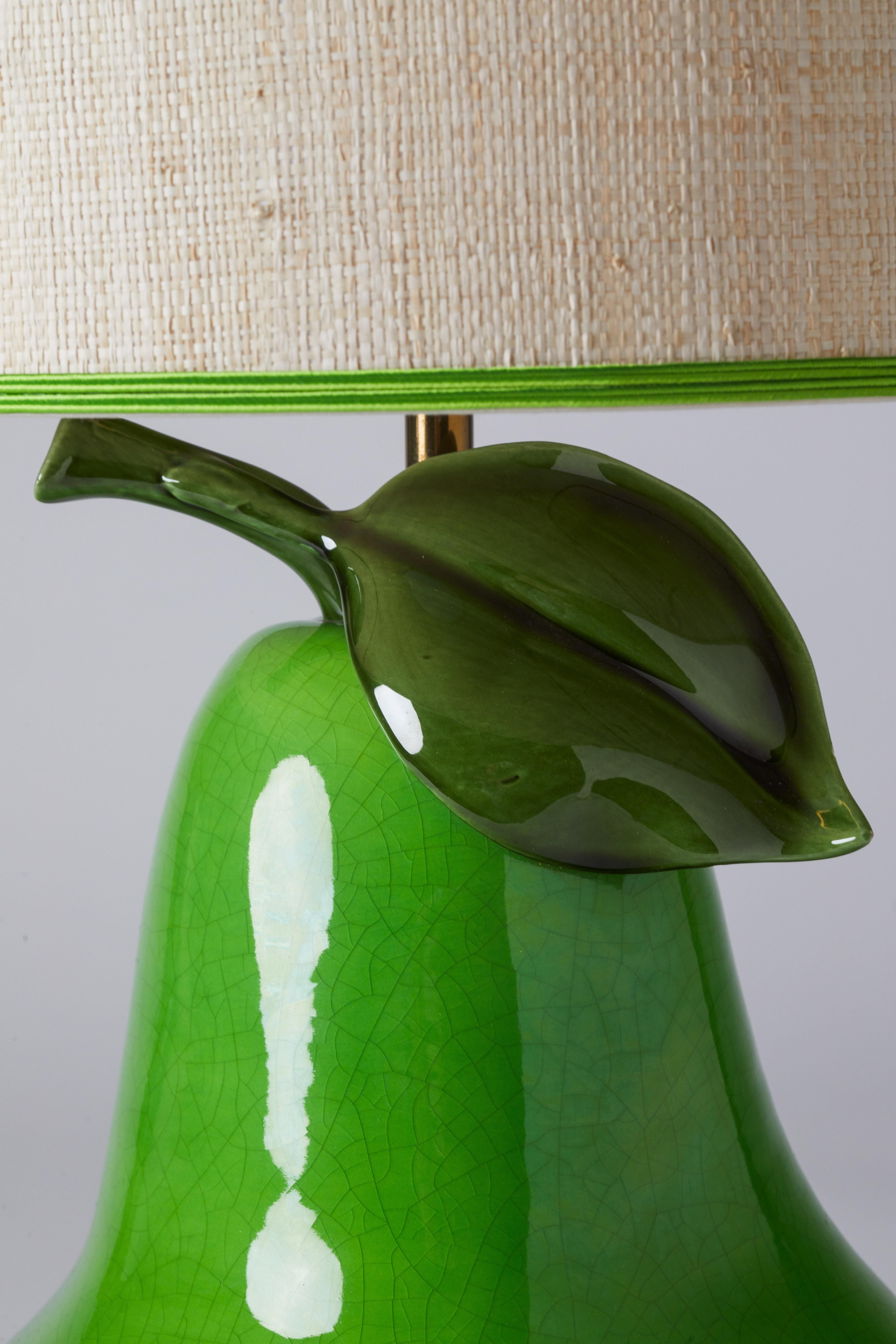 1950s Italian Murano glass green pear lamp shade with custom raffia lampshade and green detailing.