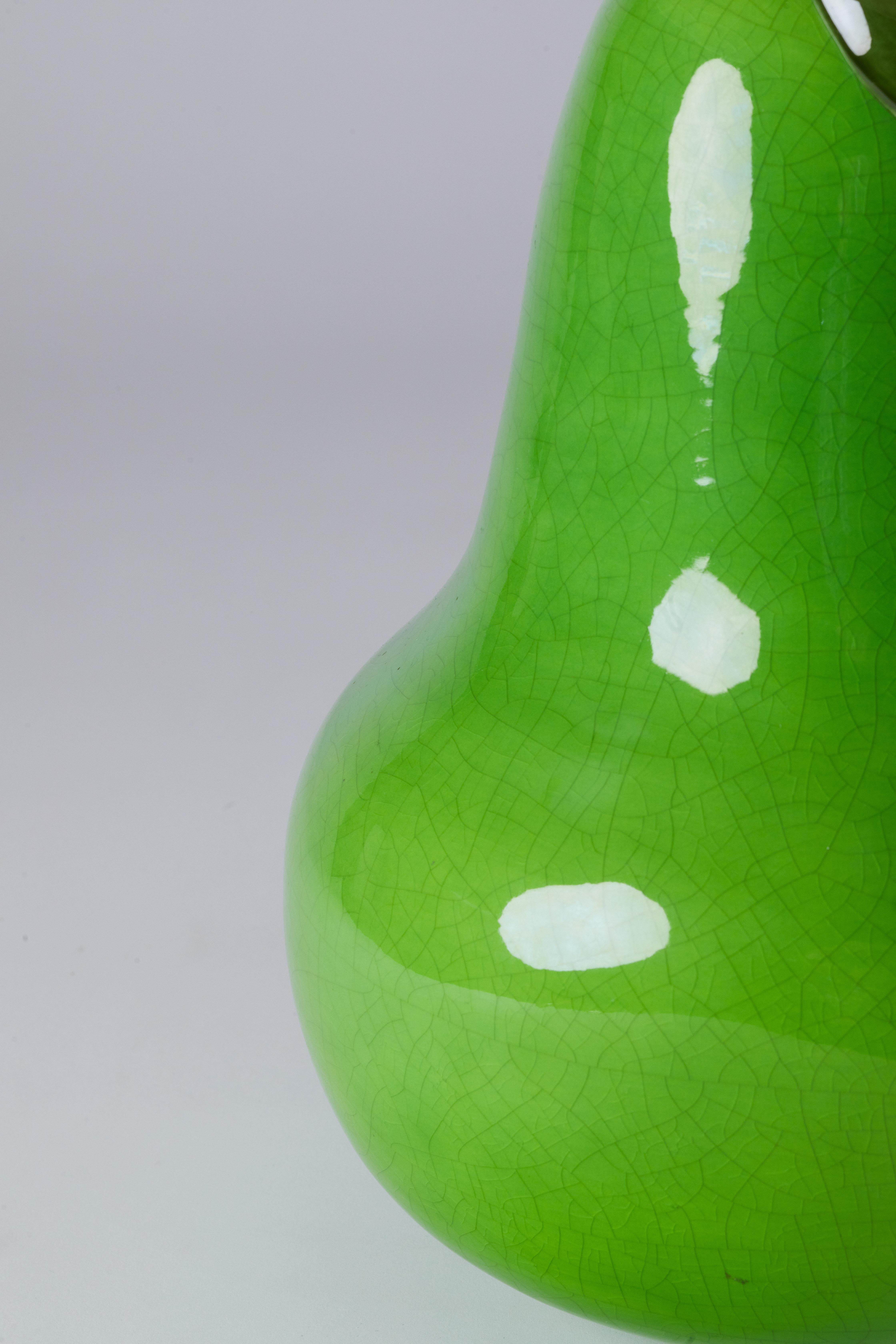 European 1950s Italian Murano Glass Green Pear Lamp with Custom Raffia Lampshade