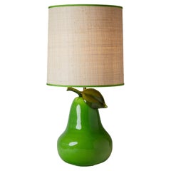 1950s Italian Murano Glass Green Pear Lamp with Custom Raffia Lampshade